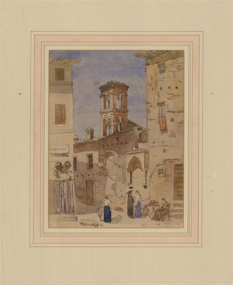 A watercolour depicting a courtyard in an Italian town, possibly in Tuscany. Presented glazed in a washline mount and thin distressed gilt-effect frame. Inscribed with the date to the lower-right edge and with an illegible inscription above it.