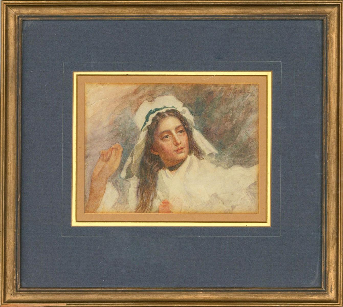 Late 19th Century Watercolour - Pretty Woman In White - Brown Portrait by Unknown