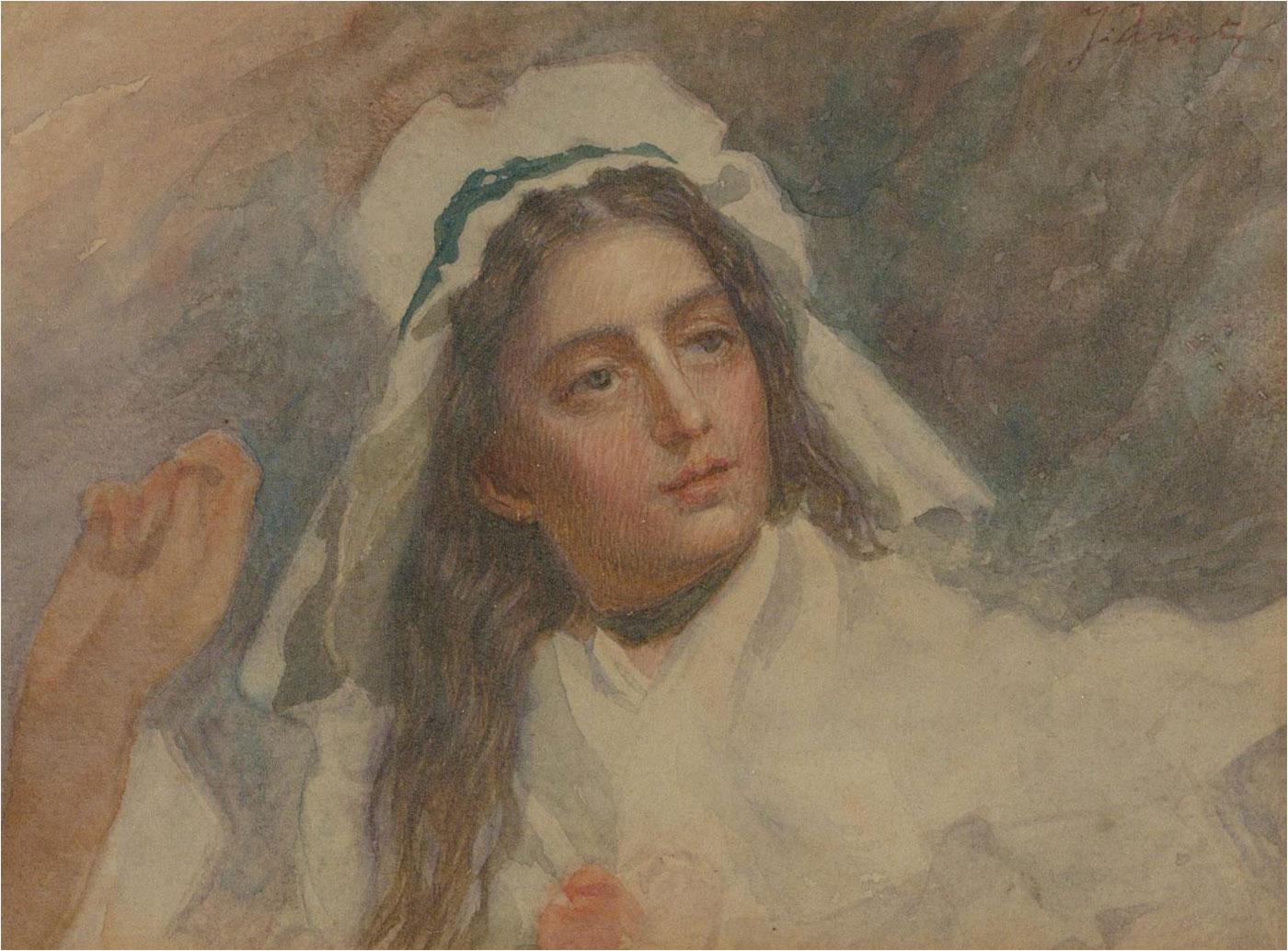A beautiful watercolour portrait in the traditional Victorian watercolour style with delicate hatching in the face. The pretty young woman has dark, flowing hair with a white bonnet black choker and white linen dress. She is holding her hands aloft