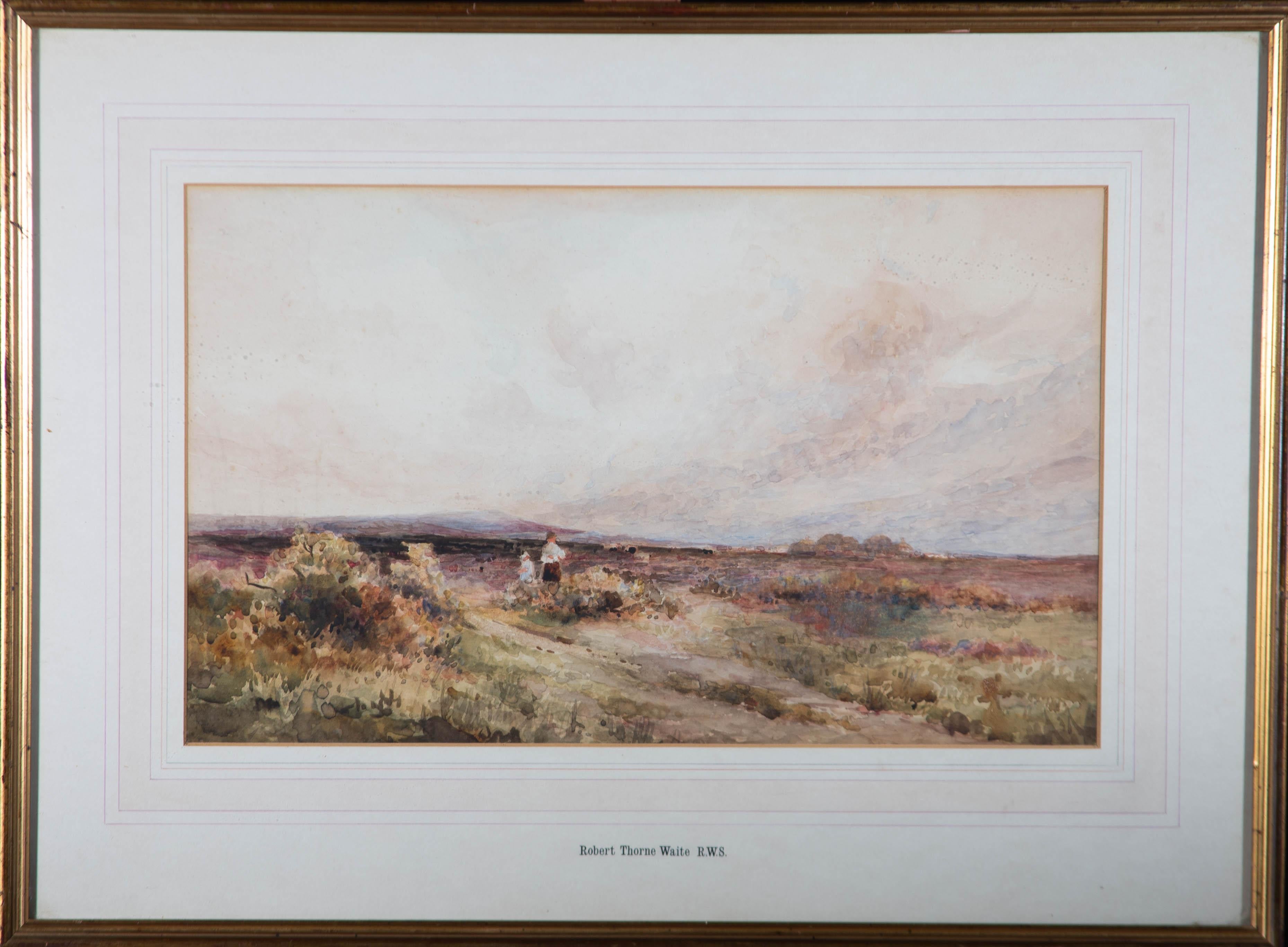 Une belle aquarelle attribuée à l'artiste britannique Robert Thorne Waite, représentant deux personnages dans un vaste paysage. Non signée. Le nom de l'artiste est inscrit sur le support dans la marge inférieure. Bien présenté dans un montage de