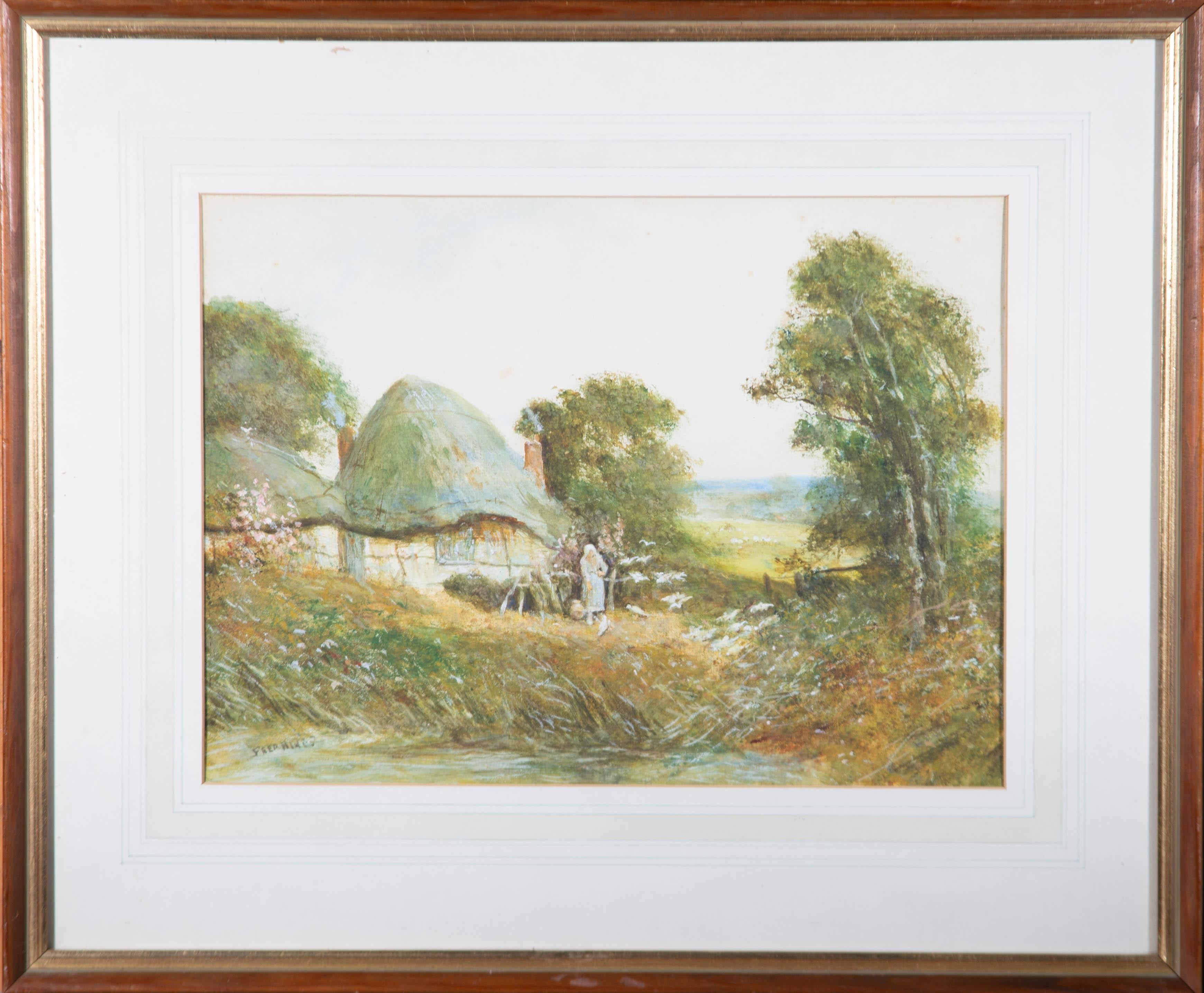 An idyllic watercolour with body colour scene of a woman feeding birds outside her thatched cottage. Presented glazed in a wash line mount and a wooden frame with a gilt-effect inner edge. Signed to the lower-left corner. On wove.


