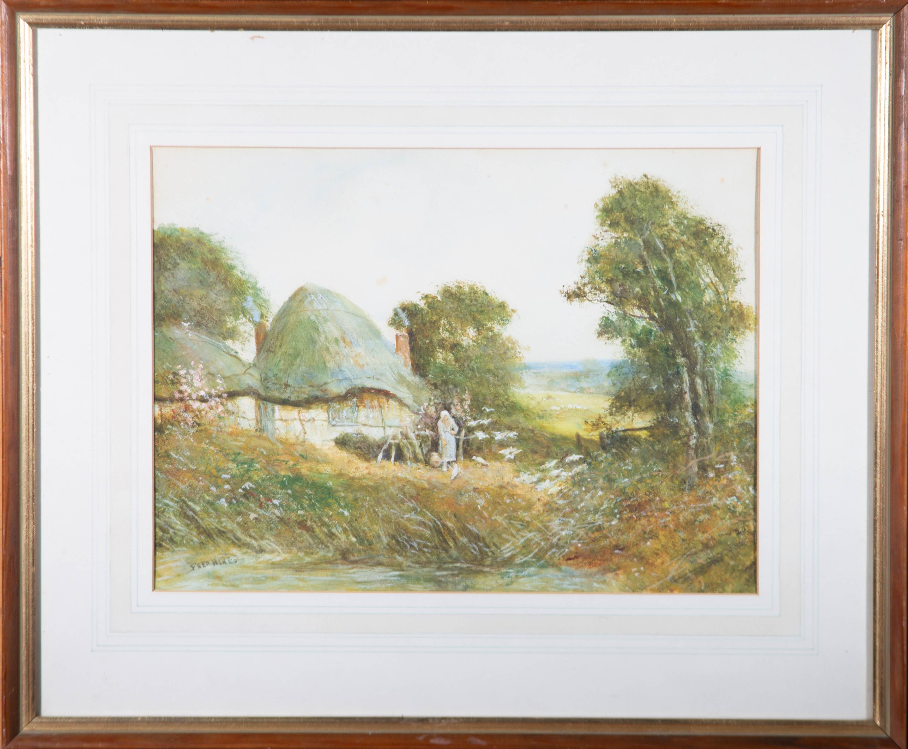 Ein idyllisches Aquarell mit der Szene einer Frau, die vor ihrem strohgedeckten Häuschen Vögel füttert, in Körperfarbe. Verglasung in einem Passepartout mit Waschung und einem Holzrahmen mit vergoldetem Innenrand. Signiert in der linken unteren