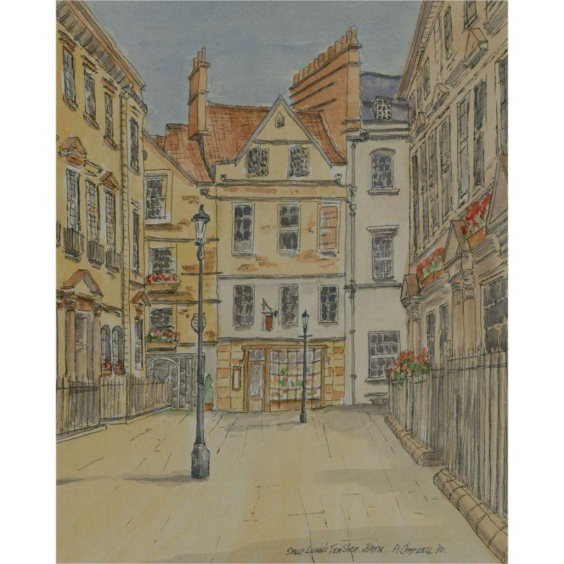 A jolly pen and ink study of Sally Lunn's Tea Shop, Bath, finished with watercolour washes. The artist has signed and dated to the lower right corner and the painting has been presented in a contemporary gilt effect frame with a simple wash-line