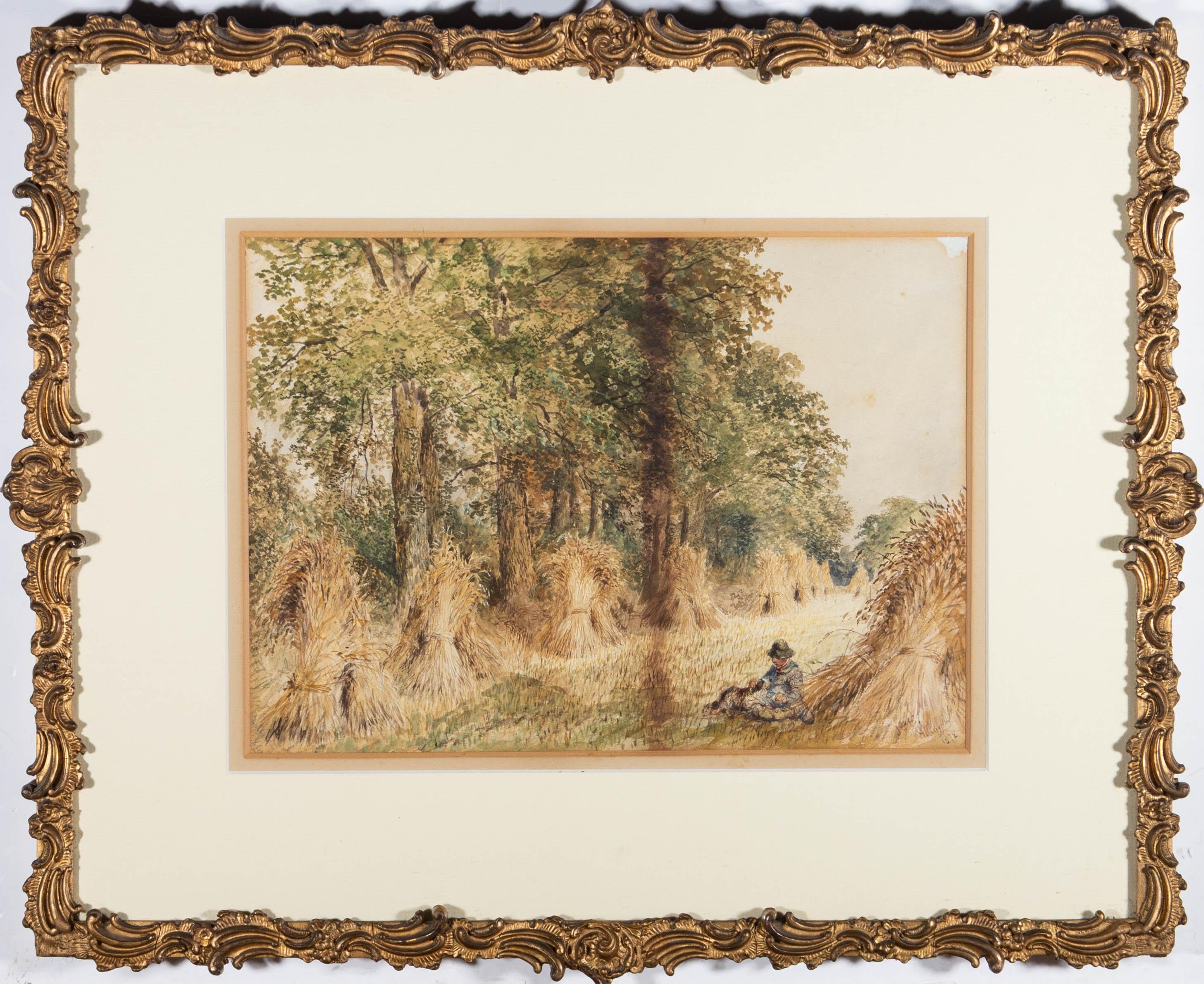 A watercolour depicting a man and dog seated in a meadow and surrounded by haystacks. Presented glazed in a cream and brown double mount and a fine ornate gilt frame. Monogrammed, dated, and inscribed 'meadow' to the lower-right corner. On wove.
