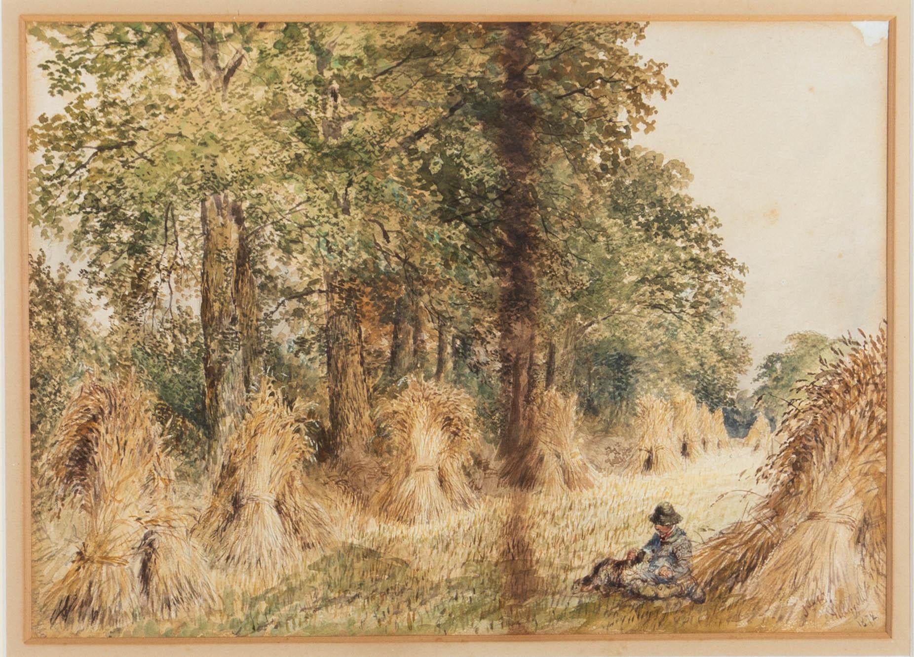 J.E. - 1872 Watercolour, Man and Dog in a Meadow 1