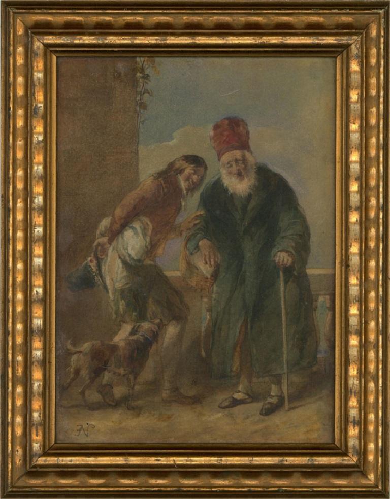 A truly exquisite late 19th Century watercolour by the renowned and skilled painter, Erskine Nicol RSA ARA (1825â€“1904. The painting is filled with humor, showing a whimsical moment between a cheeky young man and a elderly gentleman. The young man