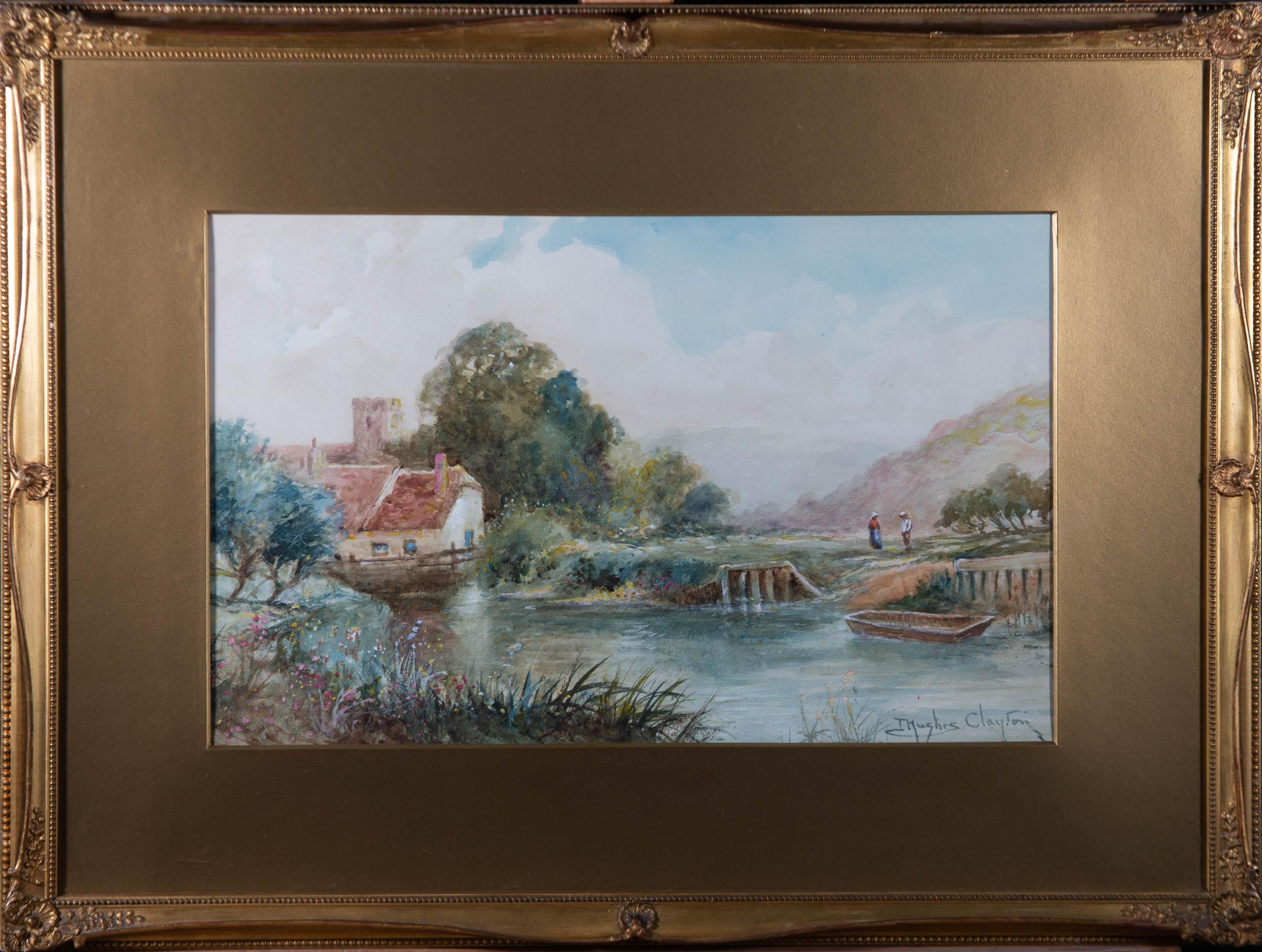 A picturesque rural scene in watercolour with body colour of a river flowing past a cottage. A church tower can be seen behind its roof. Two figures stand on the opposite bank and a moored rowing boat rests to the right of the composition. Presented