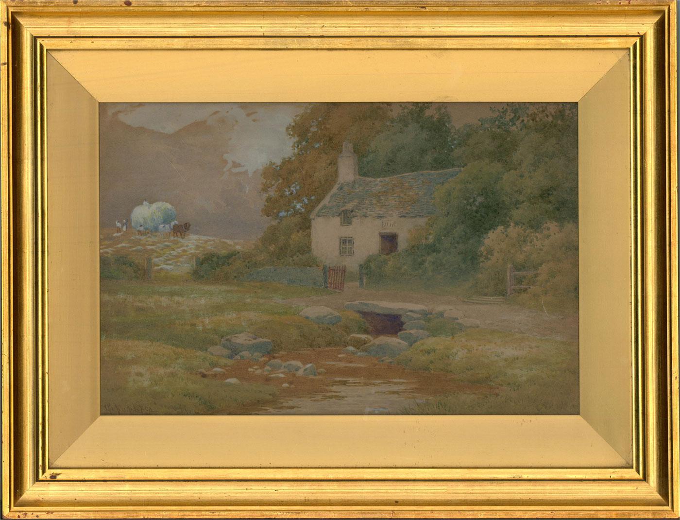 A charming landscape featuring a traditional cottage on a stream. Horses can be seen pulling a hay wain in the background alongside four figures. Presented glazed in a distressed gilt-effect wooden frame with a gilt-effect slip. Signed to the