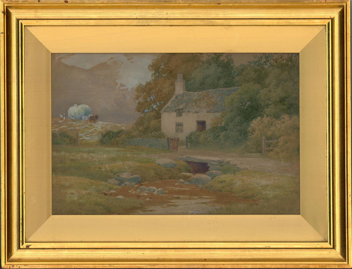 Aquarelle de Peter Ghent RCA (1857-1911), fin du XIXe siècle, cottage by a Stream 3