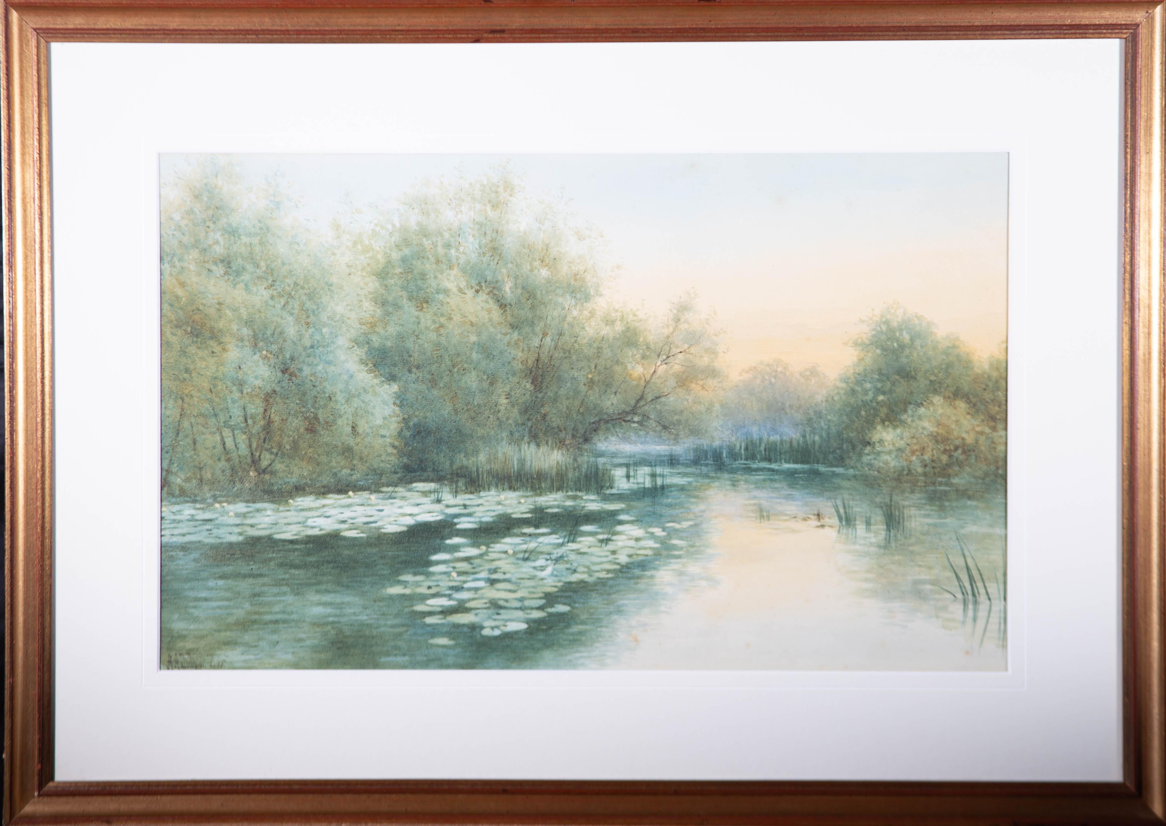 A warm and peaceful painting depicting water lilies on a pond surrounded by trees. Presented glazed in a white mount and a distressed gilt-effect wooden frame. Signed to the lower-left edge. On watercolour paper.
