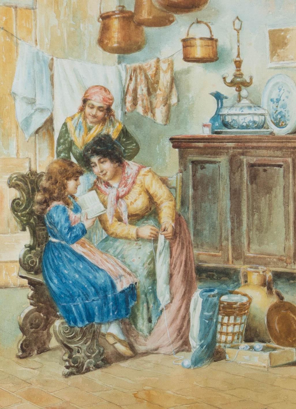 An Italian painting depicting two women supervising a young girl practising her reading. Presented glazed in an ornate gilt frame with a gold slip. Signed to the lower-right edge. Inscribed with the title and name of the artist to the lower edge of
