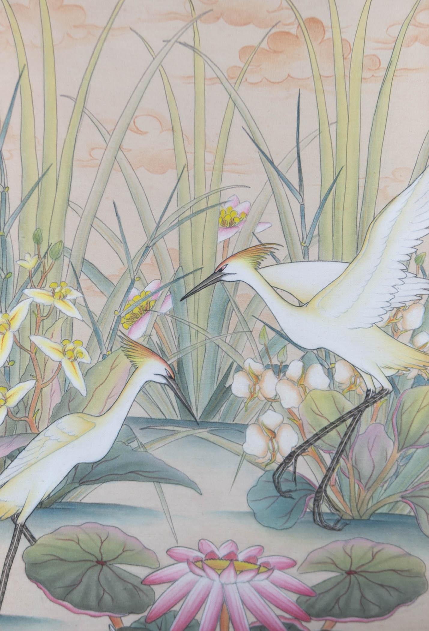 Balinese School 20th Century Gouache - Egrets in Lotus Pond - Gray Animal Art by Unknown