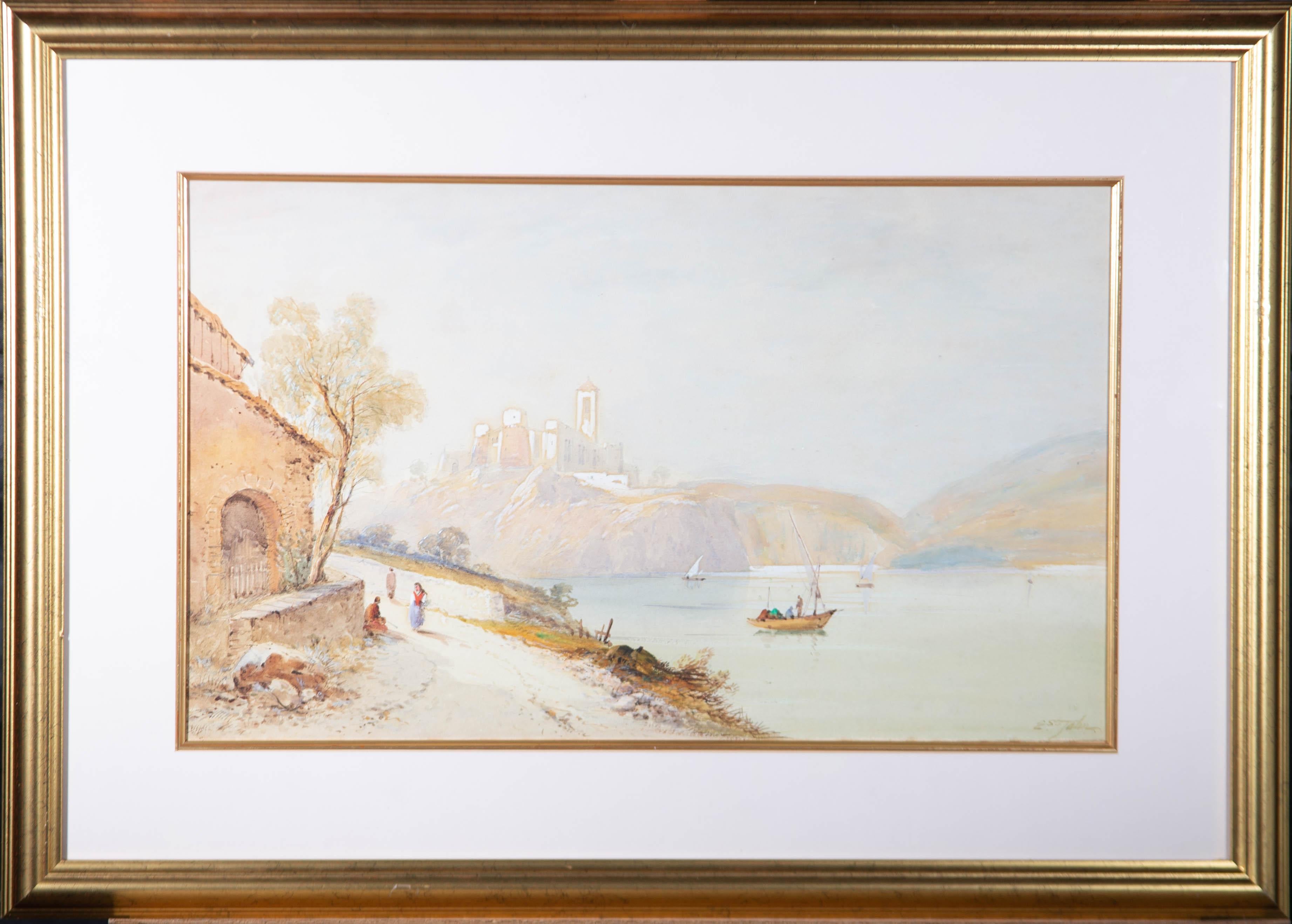 A dramatic landscape depicting a clifftop castle on the Adriatic Sea. Presented glazed in a pale-pink mount with a gilt-effect inner and a distressed gilt-effect wooden frame. Inscribed with the title to the verso of both the painting and mount.