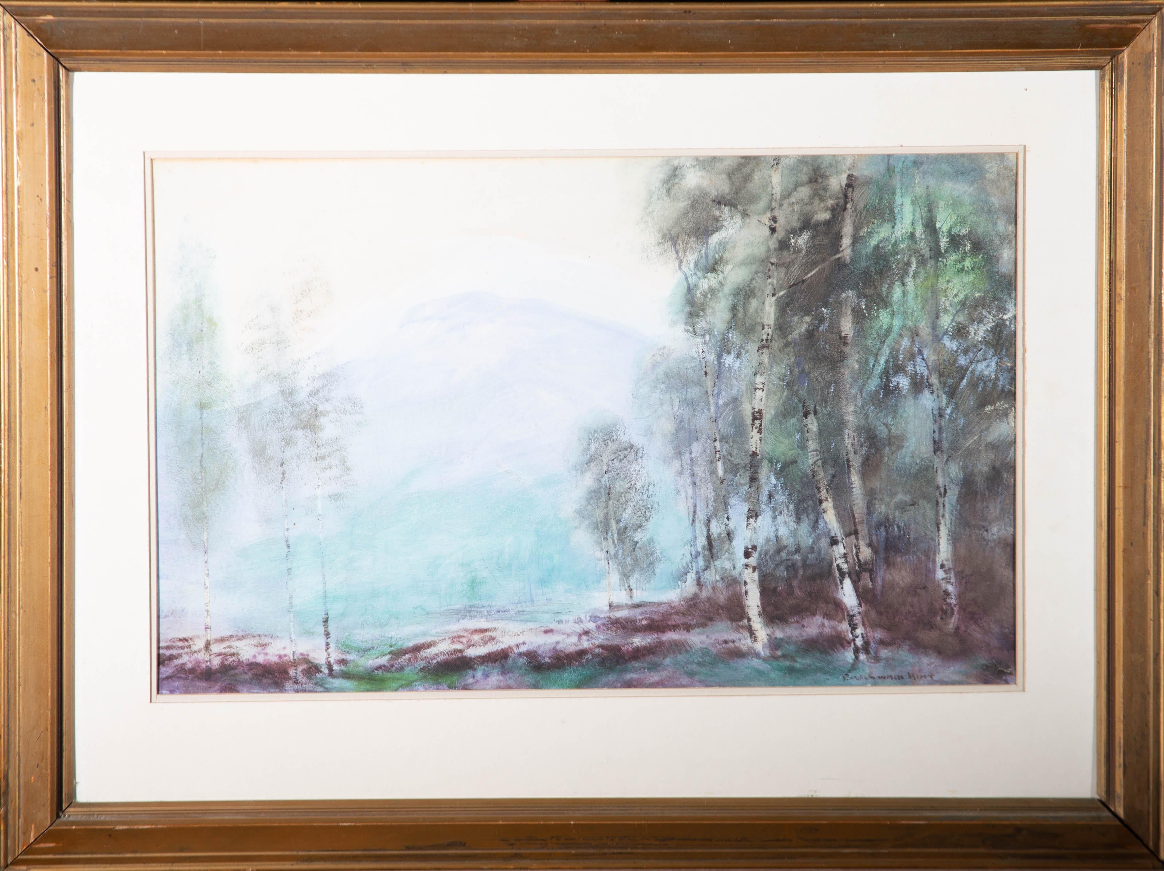 A delightful watercolour painting with gouache details by the artist Baragwanath King, depicting a morning woodland scene. Presented in a double card mount and gilt effect frame. Signed. On watercolour paper.
