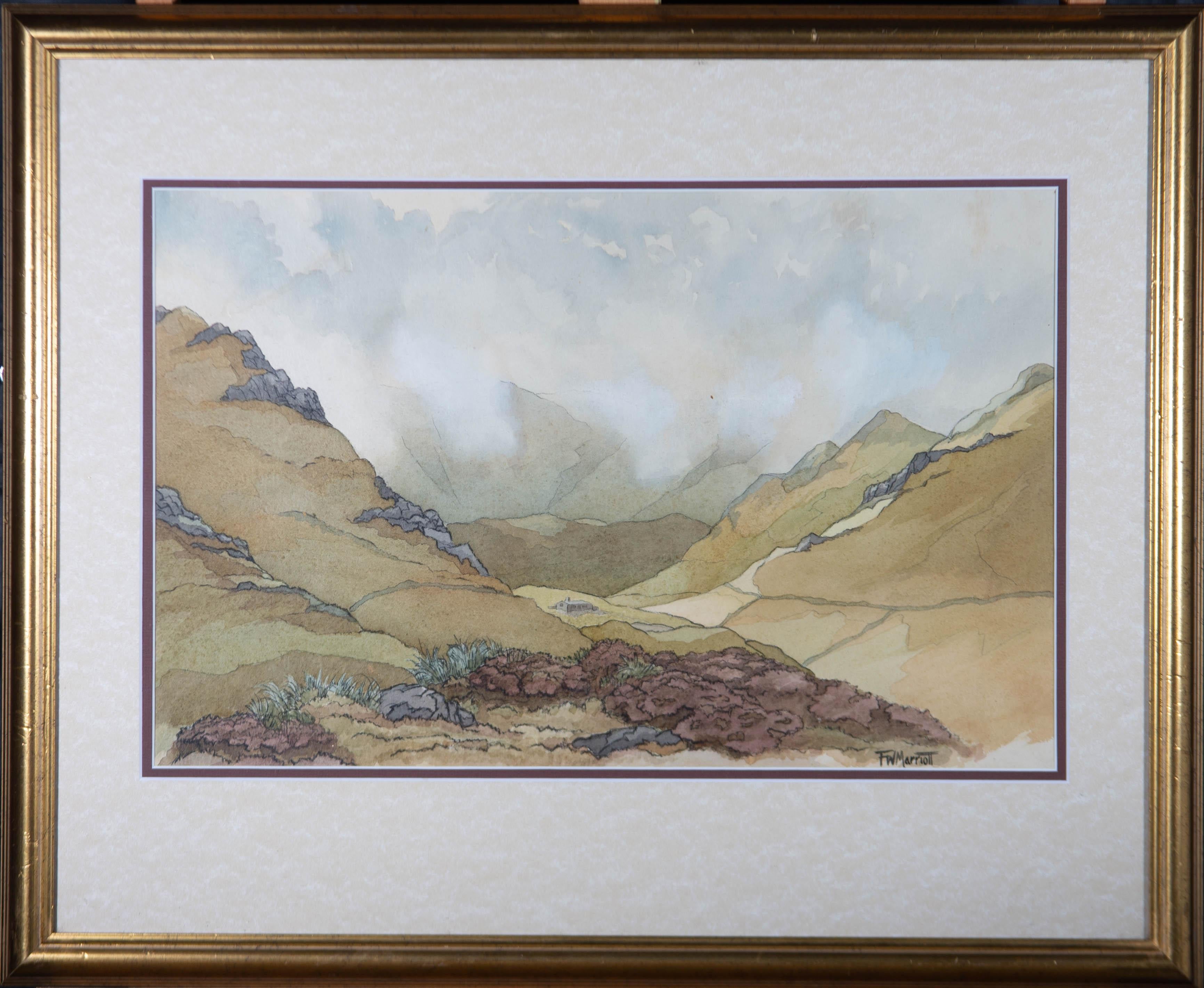 A landscape depicting an isolated farmstead in a cloudy moorland valley. Presented glazed in a cream and maroon double mount and a distressed gilt-effect wooden frame. Signed to the lower-right edge. On watercolour paper.
