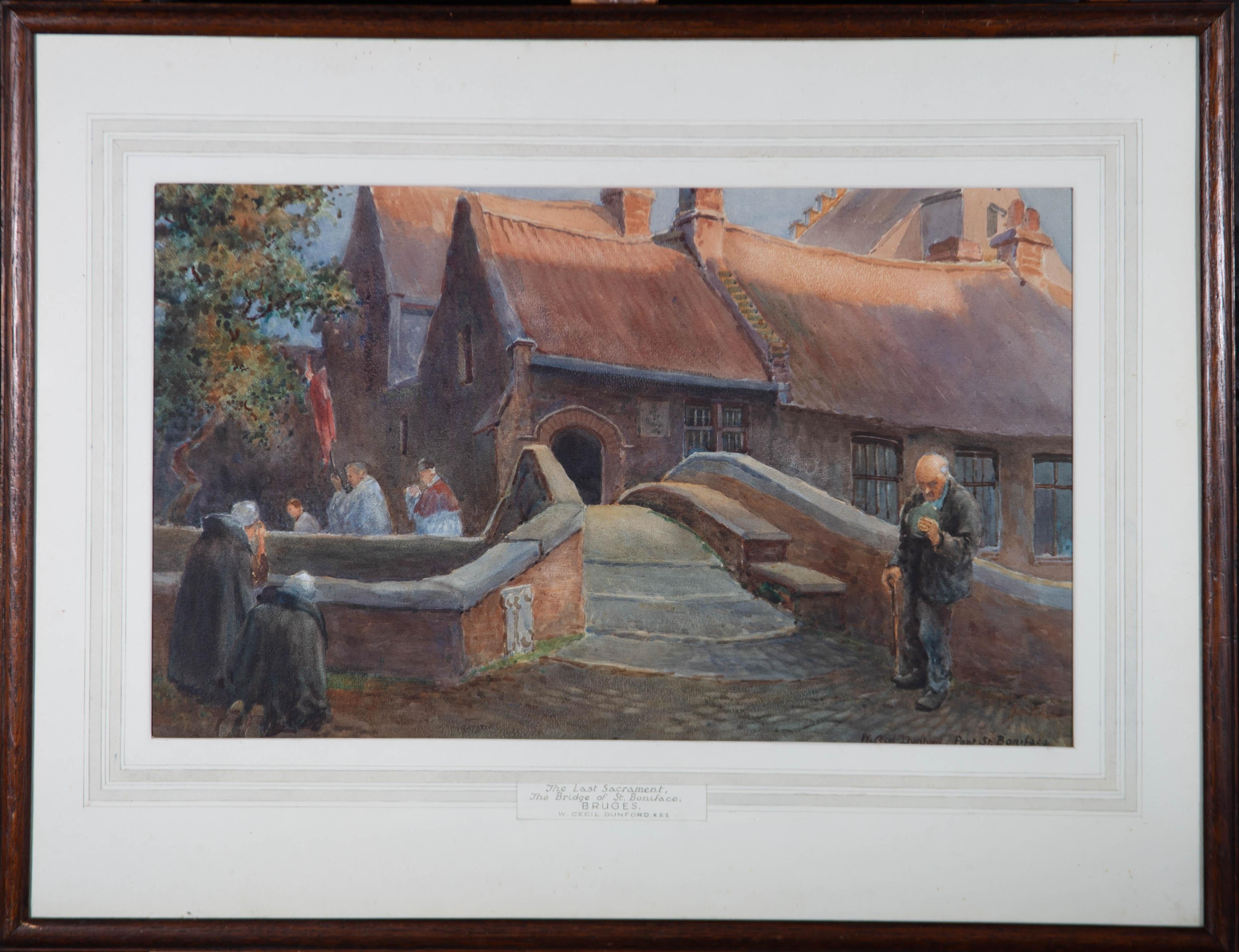 A scene in Bruges, Belgium, by the World War I artist William Cecil Dunford of the last sacrament at the Bridge of St Boniface. Presented glazed in a white wash line mount and thin wooden frame. Signed and inscribed with the location to the