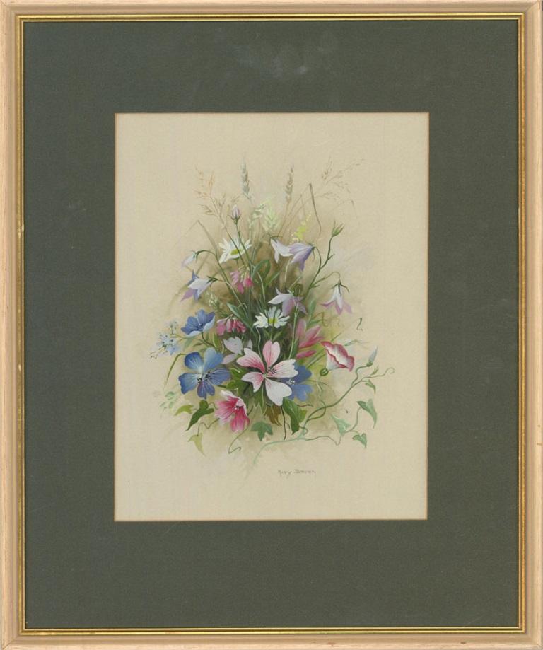 Eine hübsche florale Studie, die eine Reihe von Frühlingswiesenblumen zeigt. Der Künstler hat am unteren Rand signiert. Das Gemälde wird in einem zeitgenössischen Rahmen mit grünem Passepartout und blendfreier Verglasung präsentiert. Auf wove.

