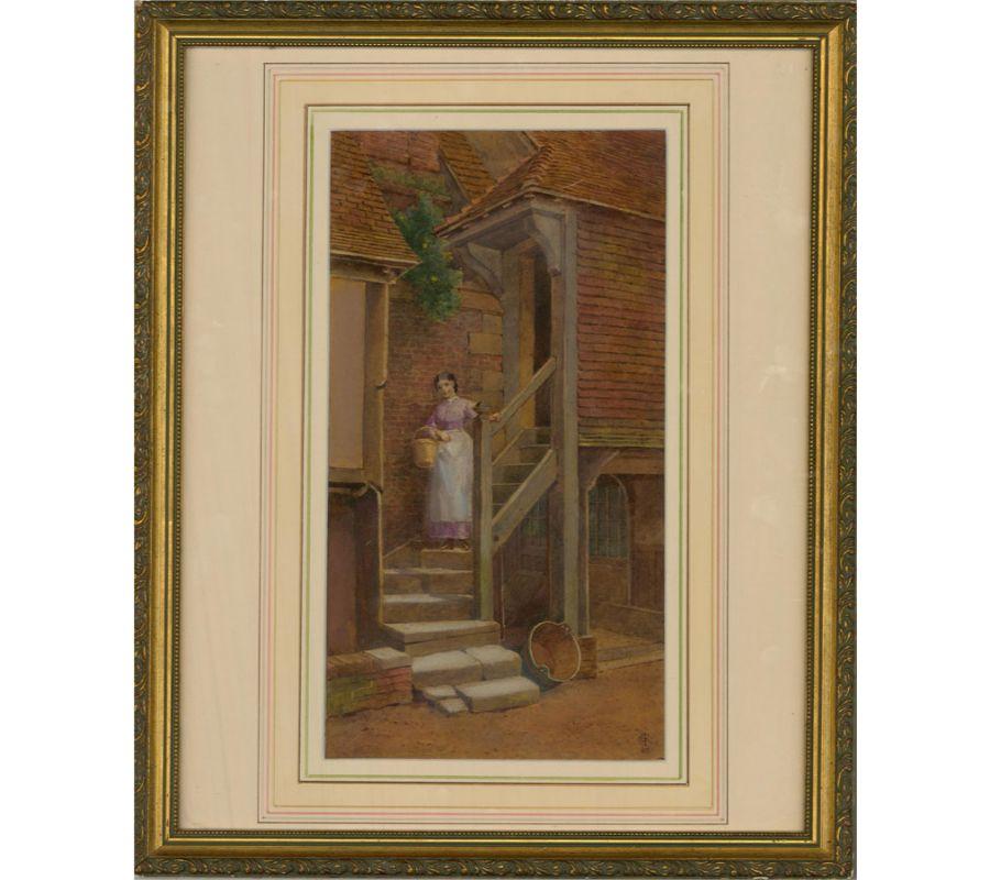 An accomplished watercolour depicting a young woman holding a basket and paused on a staircase. Presented glazed in a washline mount and distressed gilt-effect wooden frame with an ornate outer edge. Monogrammed and dated to the lower-right edge. On