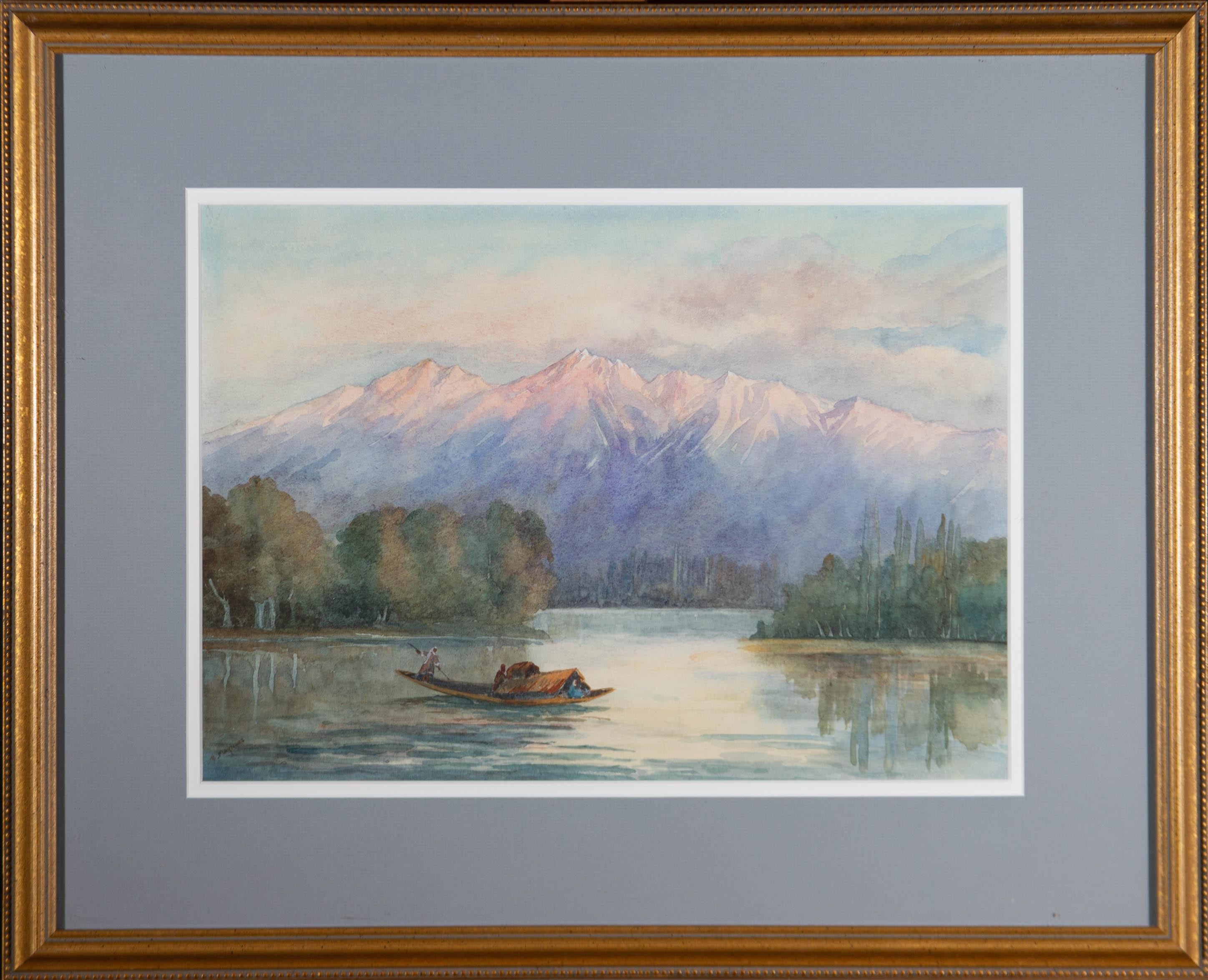 A fine watercolour painting by B. Maynard, depicting a mountainous lake scene with a boat and figures. Signed to the lower left-hand corner. Well-presented in a grey on white double card mount and in a speckled gilt effect frame, as shown. On