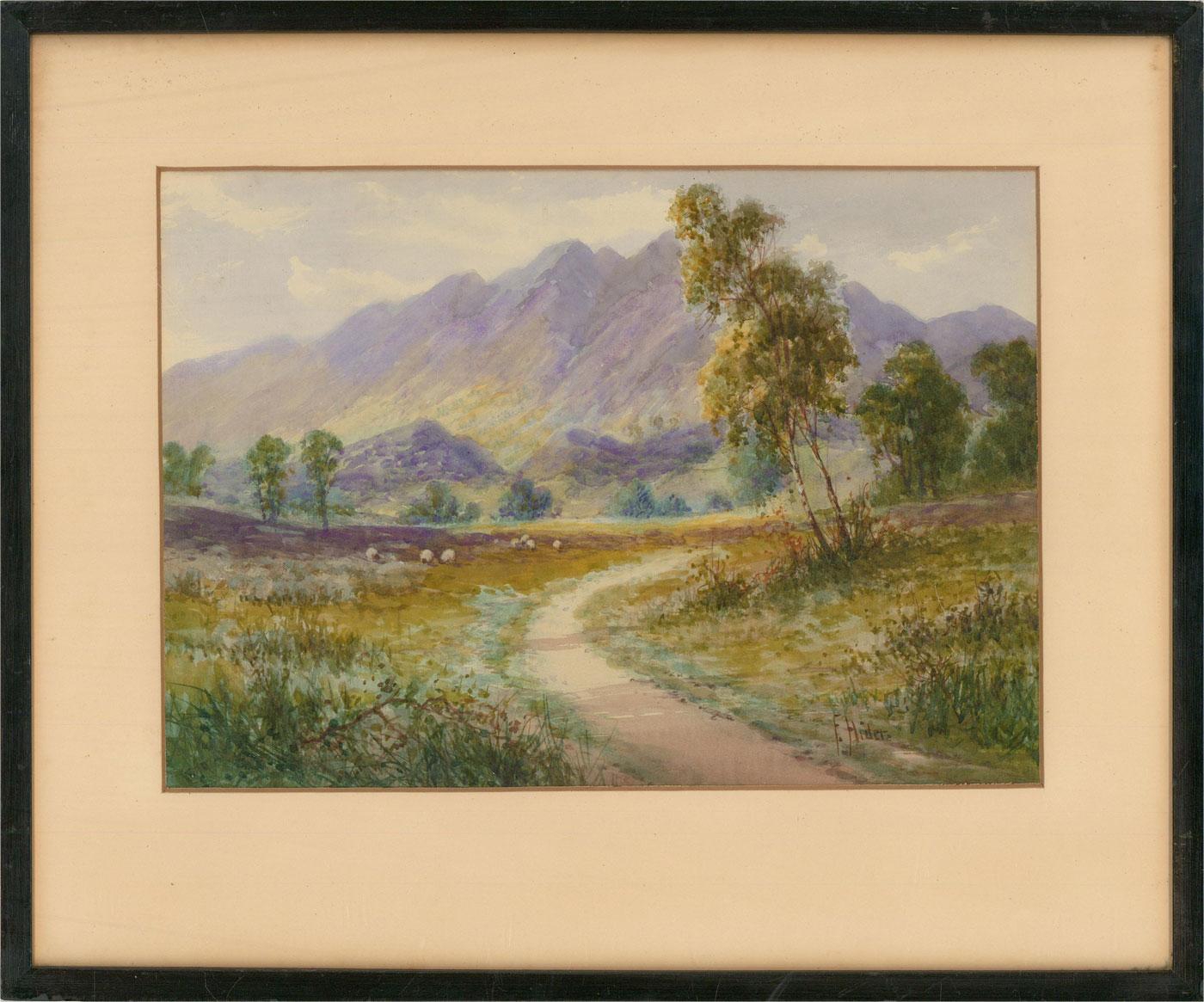 A mountainous landscape with a path winding into the distance and a flock of sheep grazing to the left-hand side. Presented glazed in a cream mount and black wooden frame. On watercolour paper.
