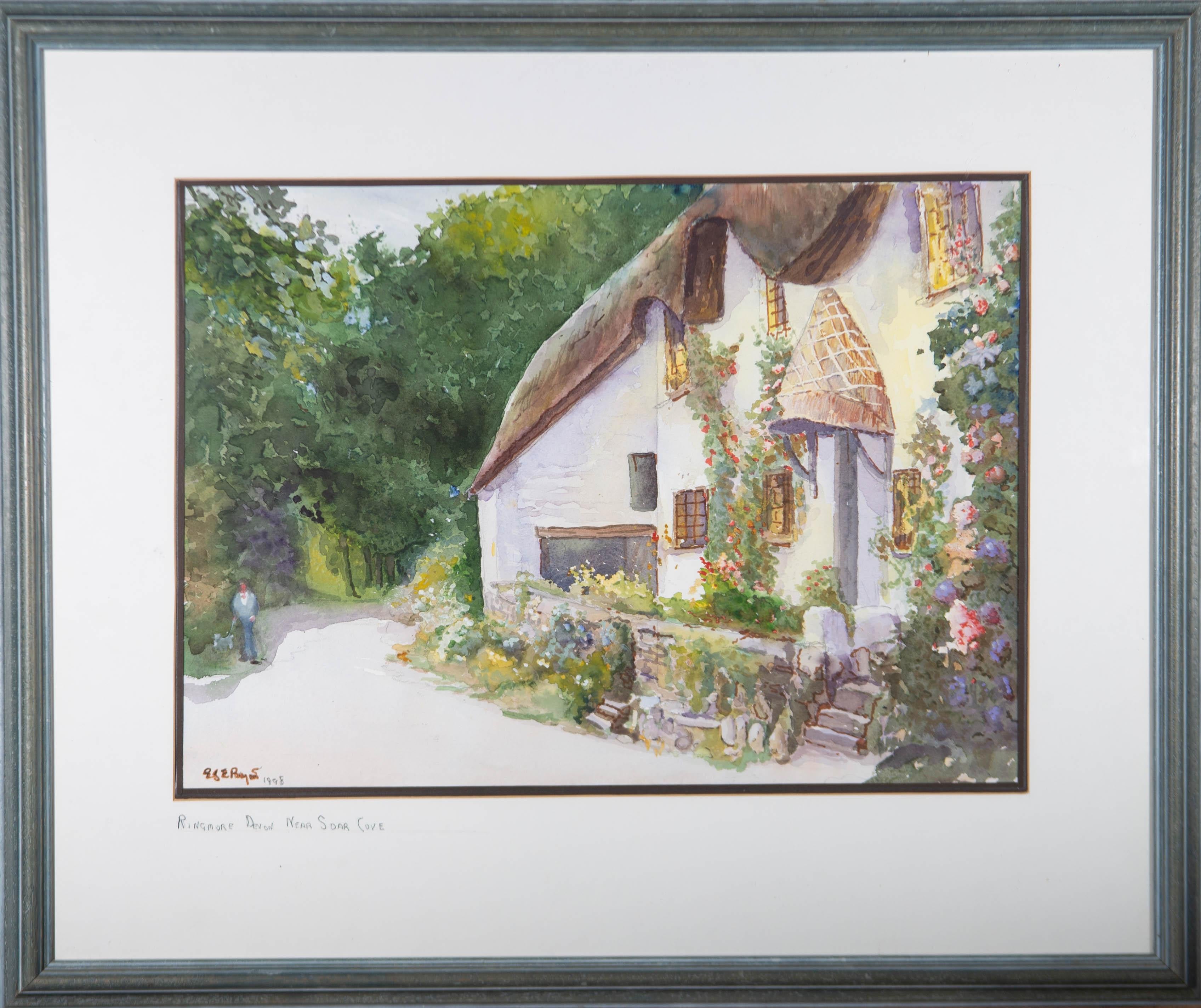 A watercolour depicting a charming thatched cottage in Ringmore, Devon, near Soar Mill Cove. Presented glazed in a white and black double mount and a limed blue wooden frame. Signed and dated to the lower-left edge. Inscribed with the location to