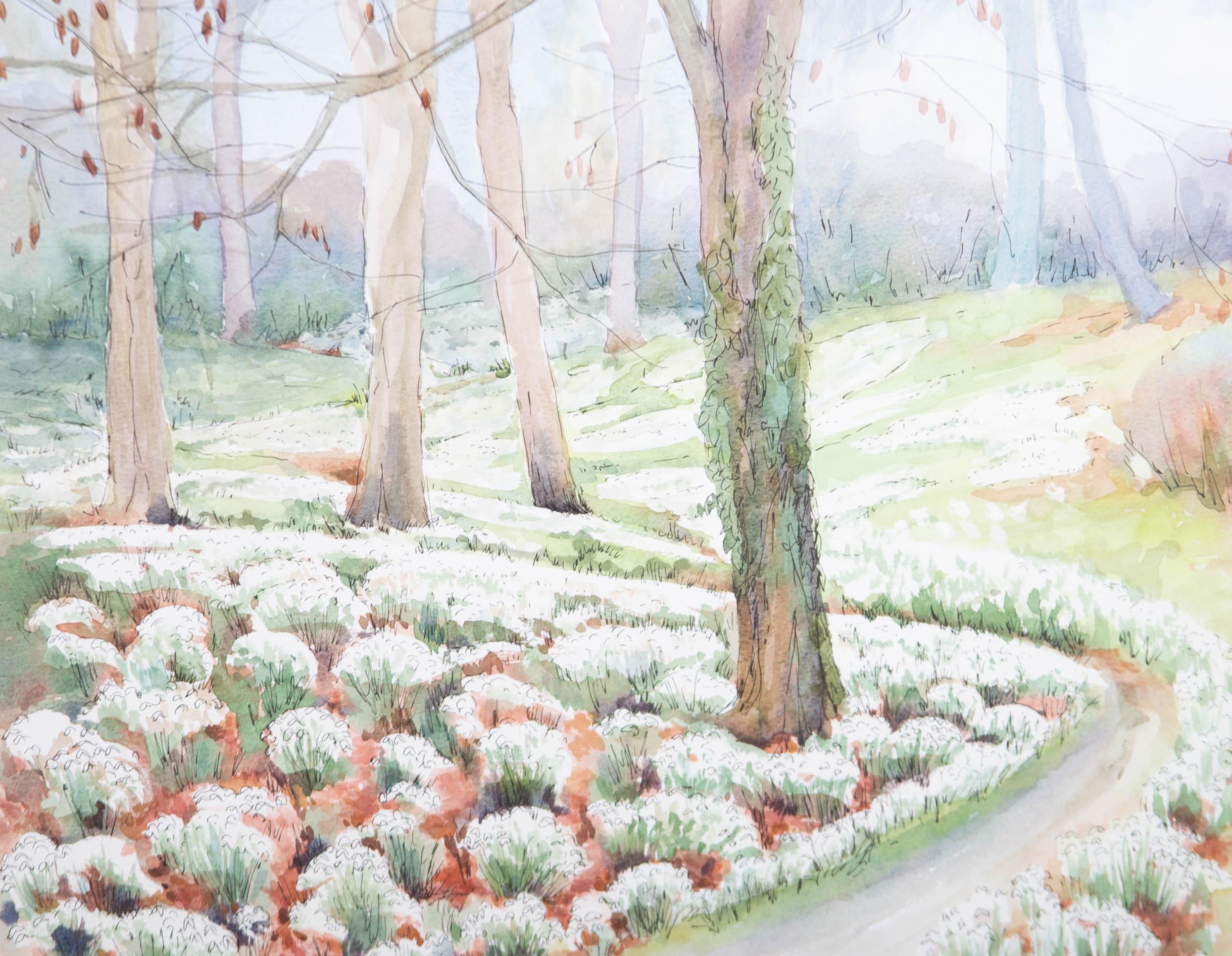 Susan Heaton - Contemporary Watercolour, Snowdrops at Painswick For Sale 1