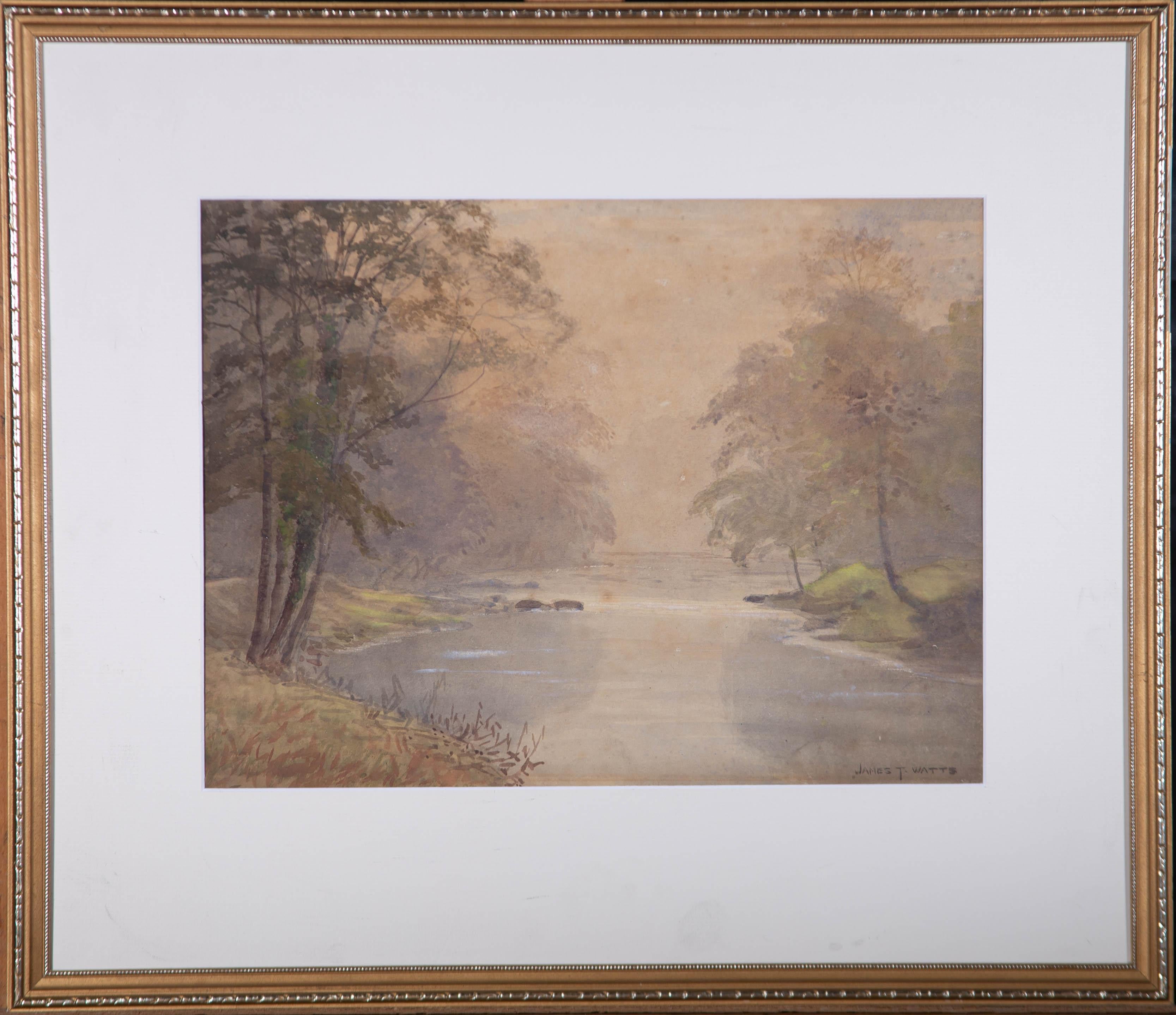 A misty scene of a gentle river in Autumn. Presented in a white mount and thin gilt-effect wooden frame. Signed to the lower-right edge. Later date and inscription to the reverse. On watercolour paper.
