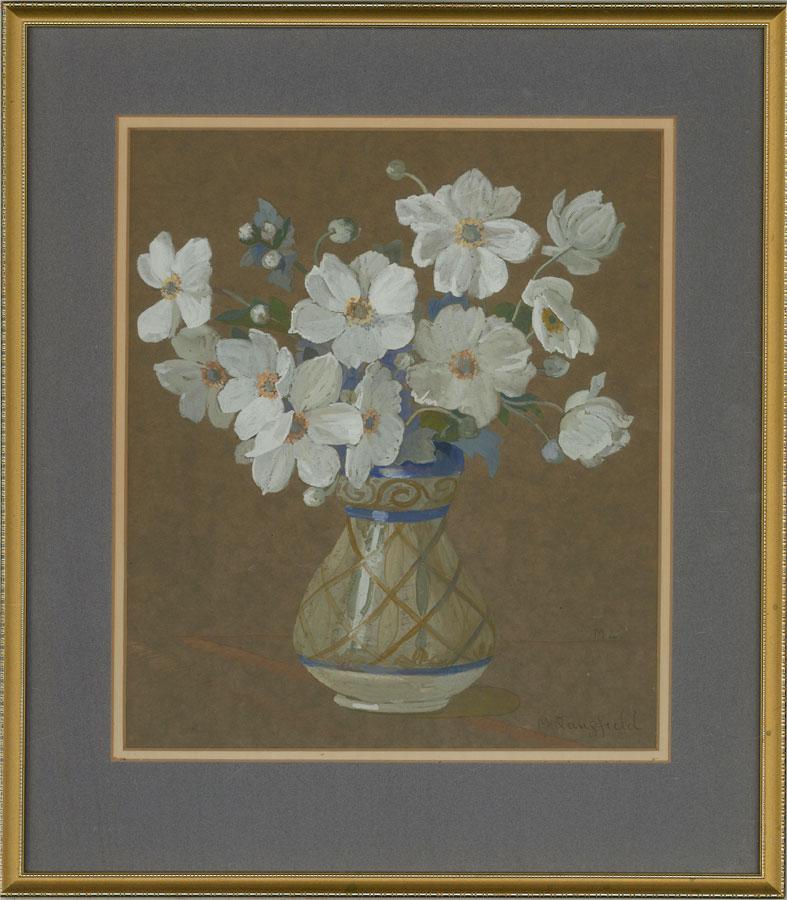A very pretty early 20th Century Bloomsbury School watercolour and gouache, showing a still life of white anemones in a patterned vase. The use of a dark wove makes the white of the flowers stand out and adds life to the painting. The artist has