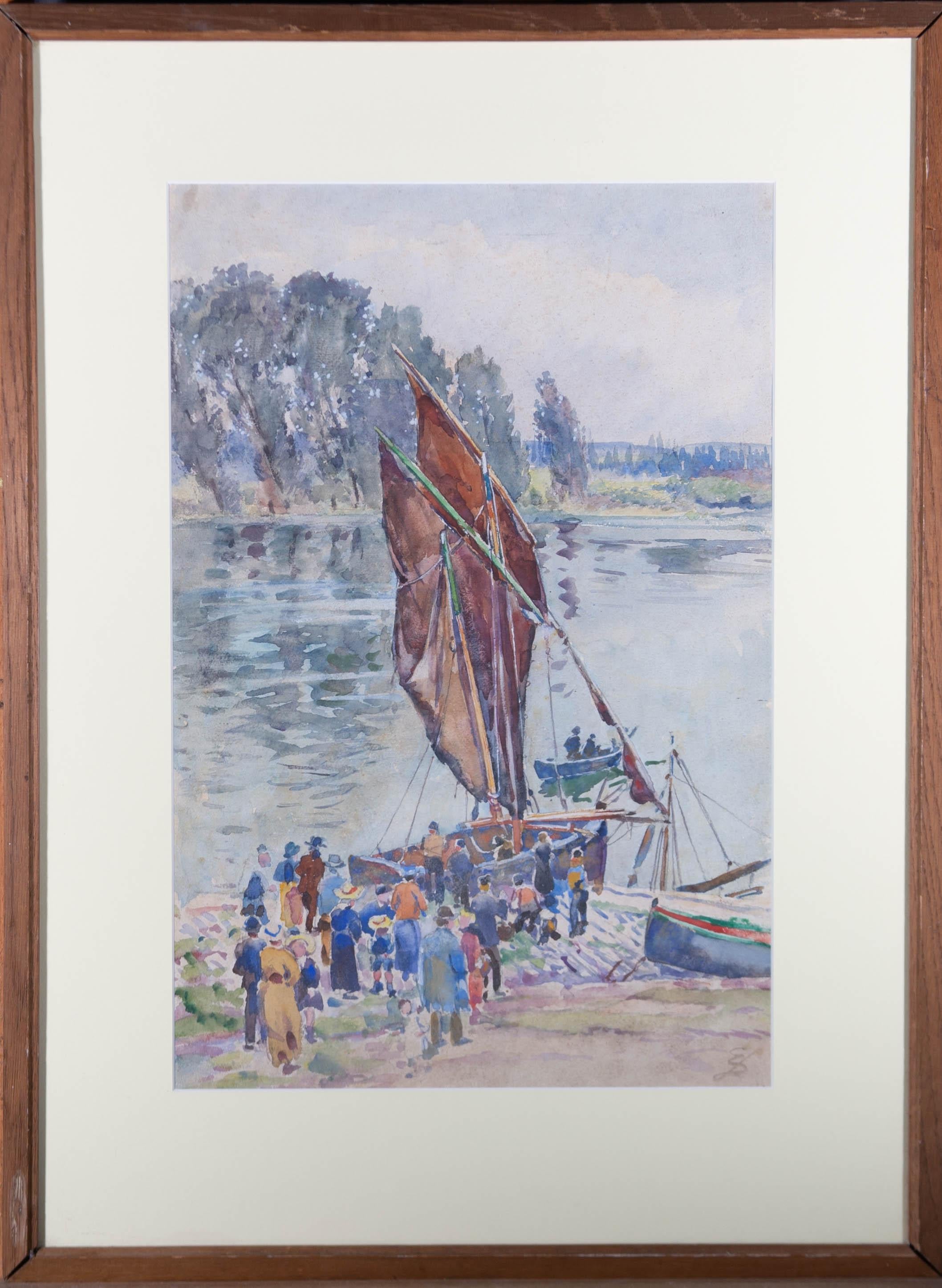A fine early 20th Century watercolour showing a crowd gathered at the edge of a riverside slipway as a boat prepares to set sail. The artist has monogrammed to the lower right corner. The painting ha been presented in a contemporary oak frame with