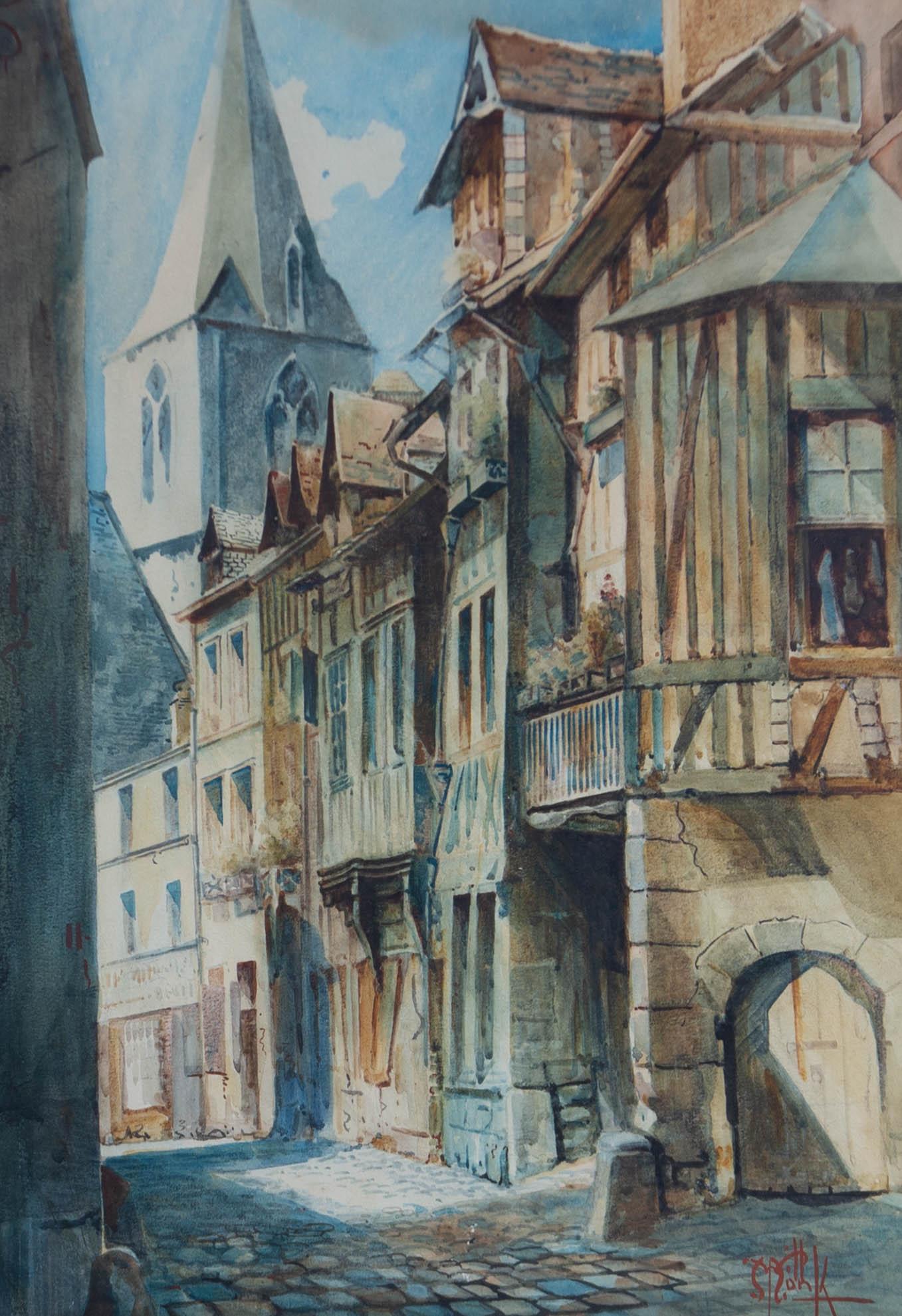Early 20th Century Watercolour - Rue des Matelas, Rouen - Gray Landscape Art by Unknown