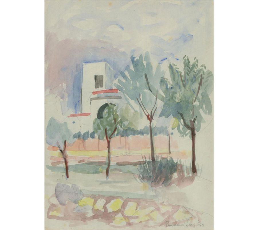An attractive watercolour painting with graphite details by the artist Emmanuel Levy. The scene depicts a Mediterranean town view with trees. Signed and dated to the lower right-hand corner. Well-presented in a white card mount and in a distressed