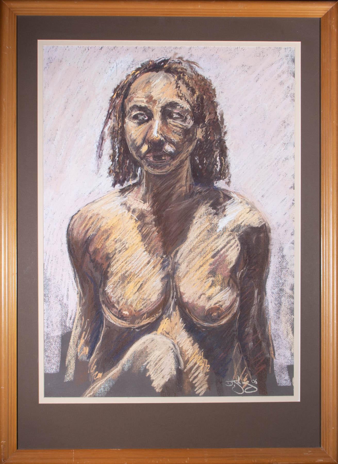 A large female nude in pastel with a pink background. Presented glazed in a brown and cream double mount and a wooden frame. Signed and dated to the lower-right edge. On wove.
