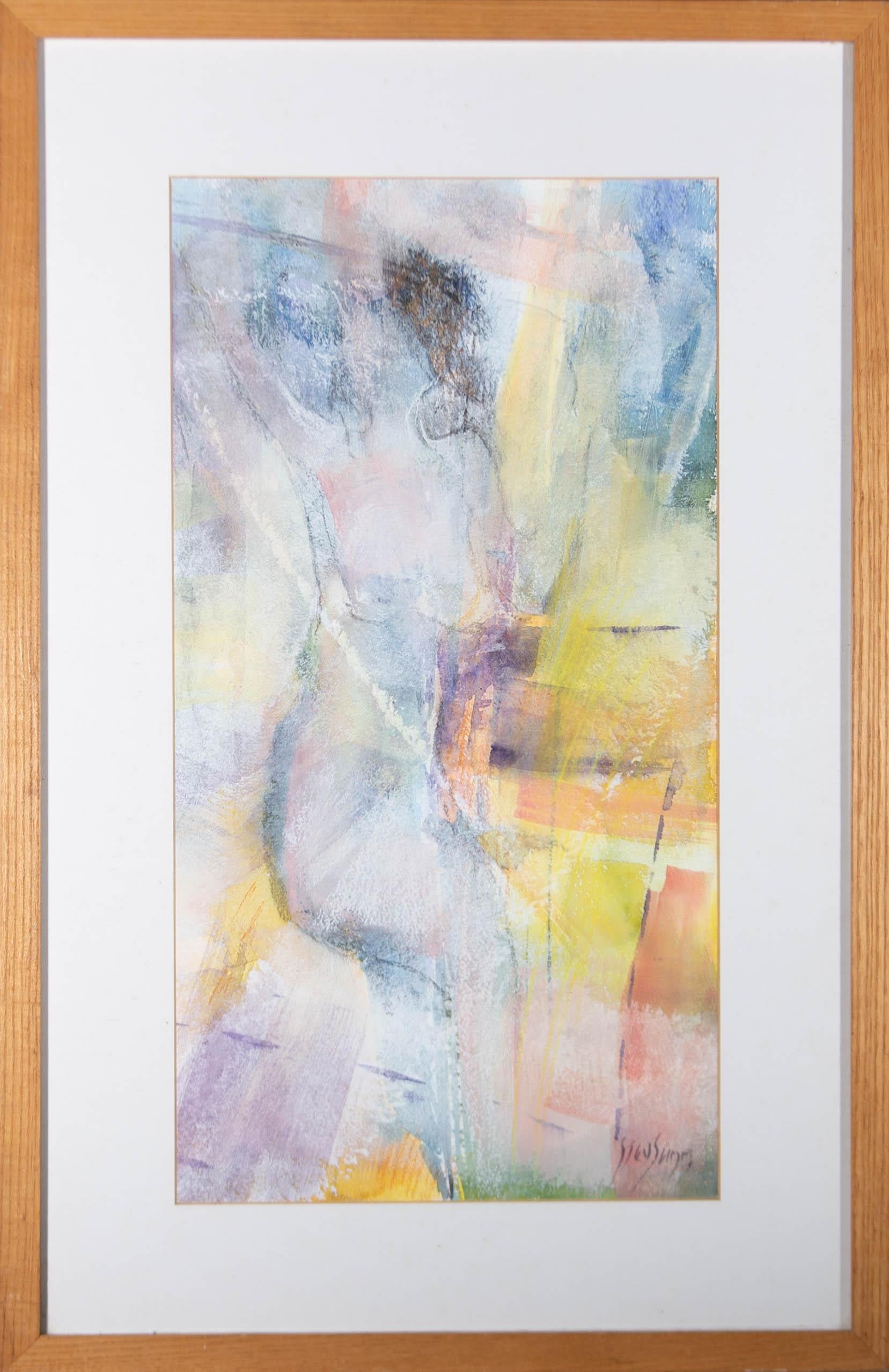 Pintura abstracta en acuarela, pastel y otros medios mixtos de una mujer bailando. Se presenta acristalada en una montura blanca y marco de madera. Firmado en la esquina inferior derecha. Etiqueta del artista en el reverso que incluye la fecha y el
