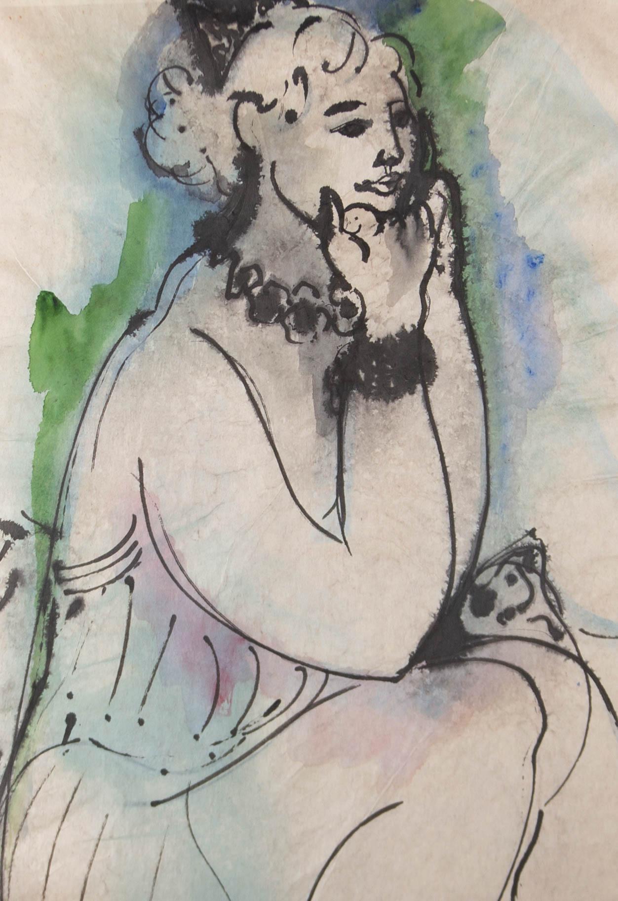 Brian Midlane - 20. Jahrhundert Indien-Tinte, sitzende Frau im Angebot 1