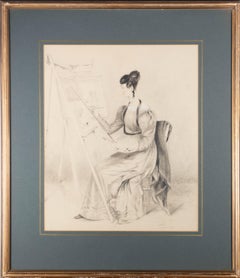 A.H. - 1827 Charcoal Drawing, Lady at an Easel