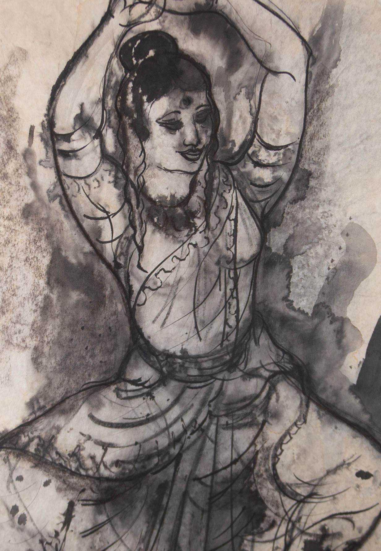 Brian Midlane - Encre de Chine du XXe siècle, Femme dans un Sari en vente 2