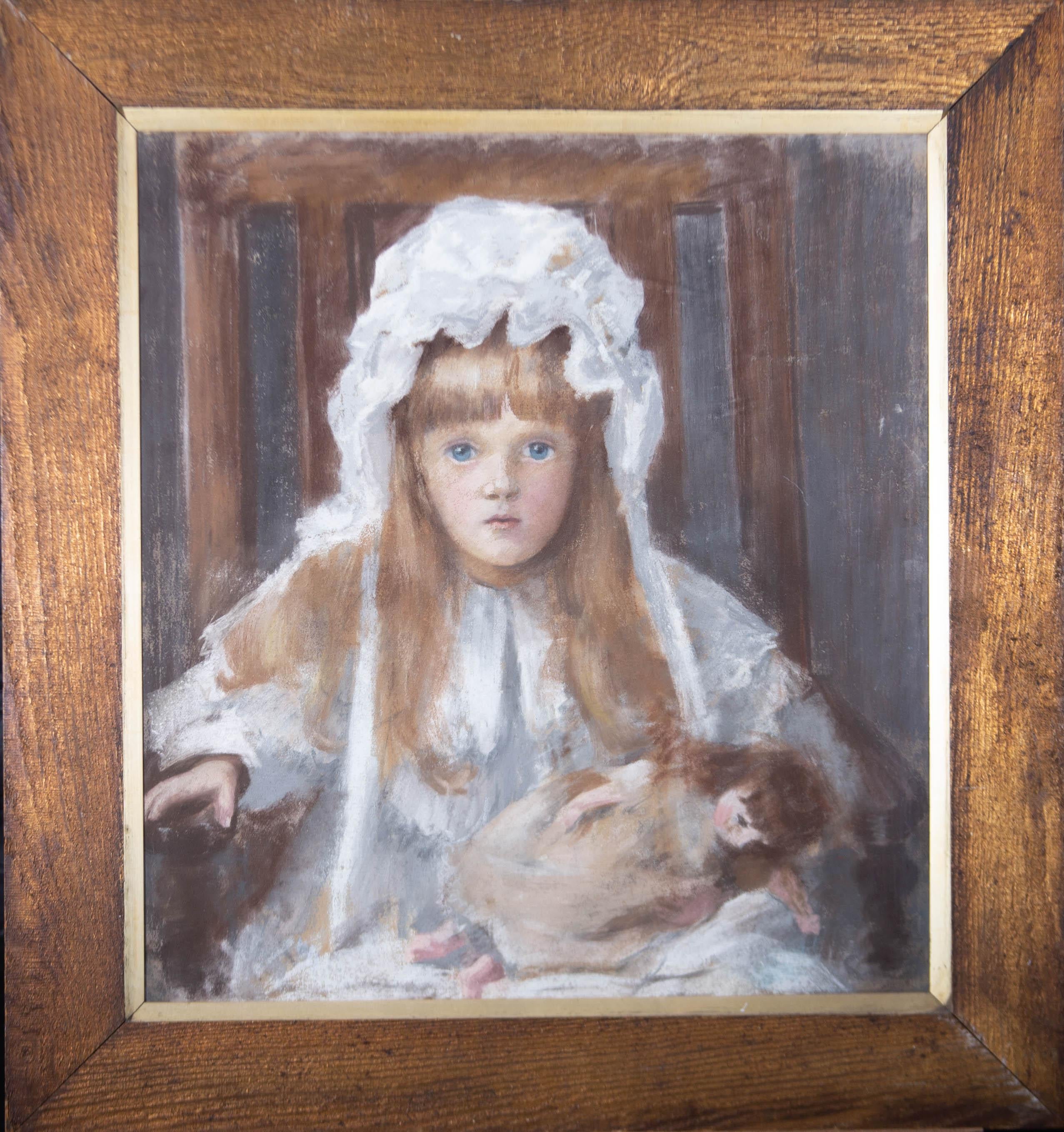 Unknown Portrait – Gerahmtes Pastell des frühen 20. Jahrhunderts - Junges Mädchen mit Puppe
