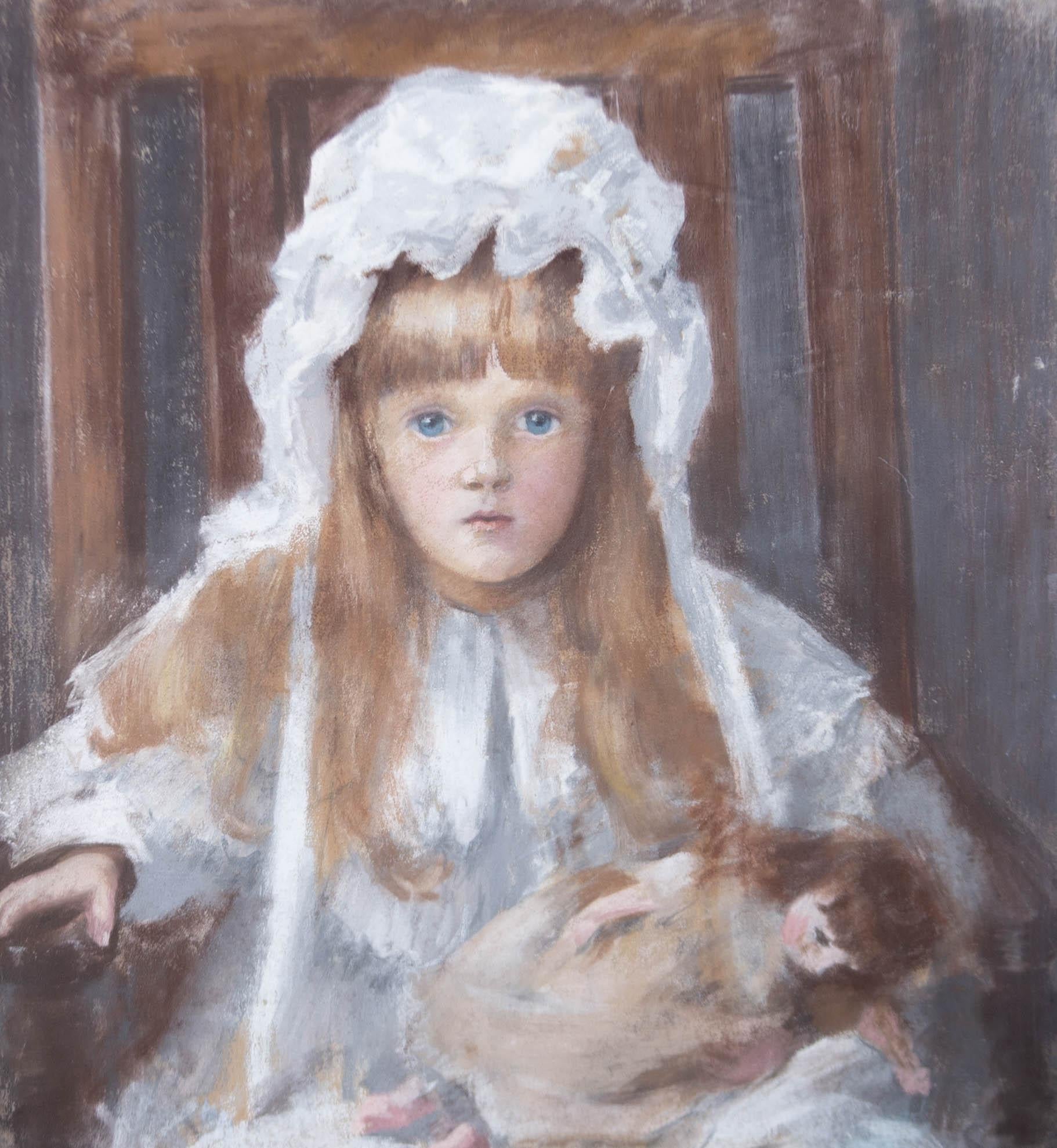 Gerahmtes Pastell des frühen 20. Jahrhunderts - Junges Mädchen mit Puppe – Art von Unknown
