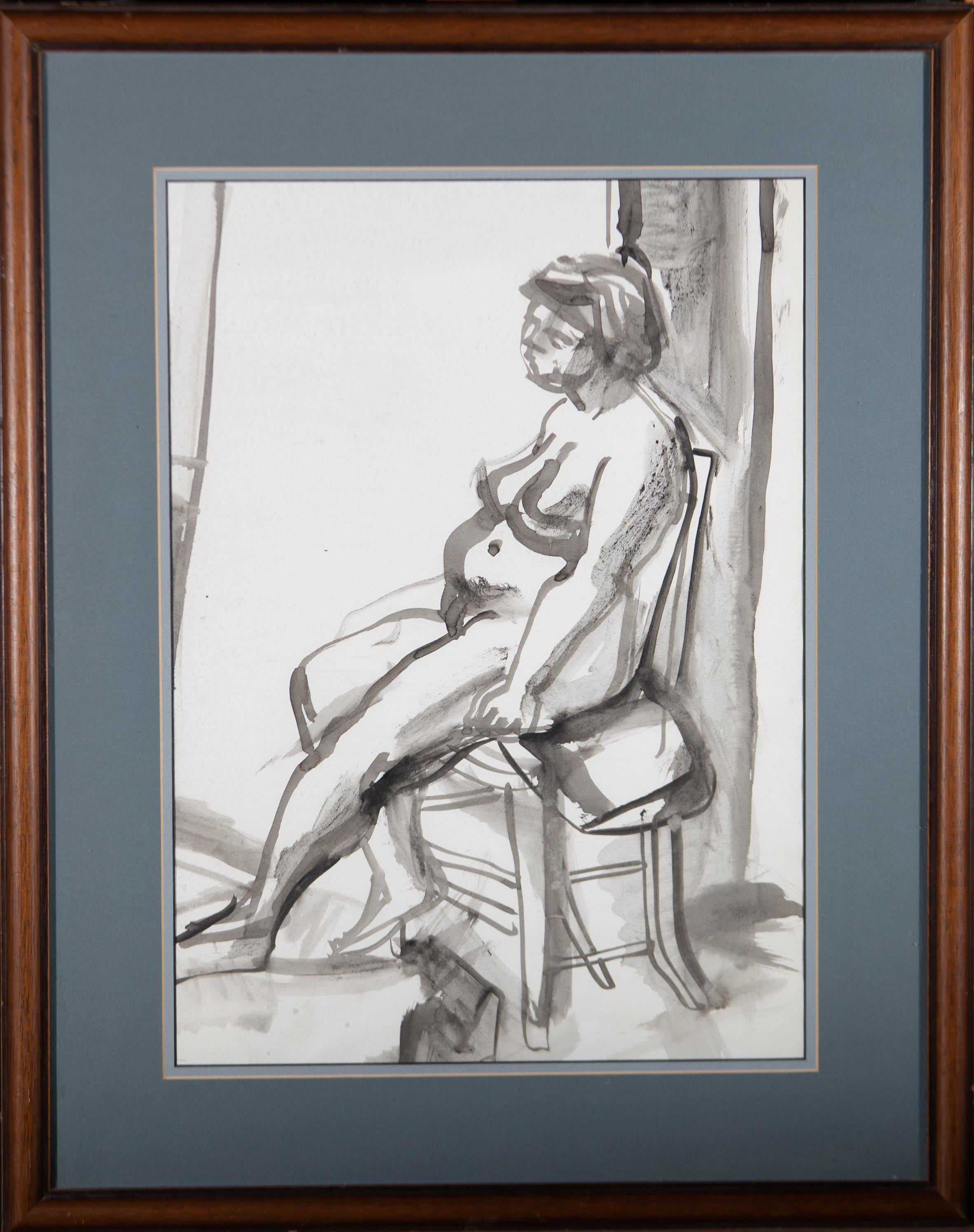 Unknown Portrait – Tintenwaschzeichnung des 20. Jahrhunderts – sitzende nackte Figur