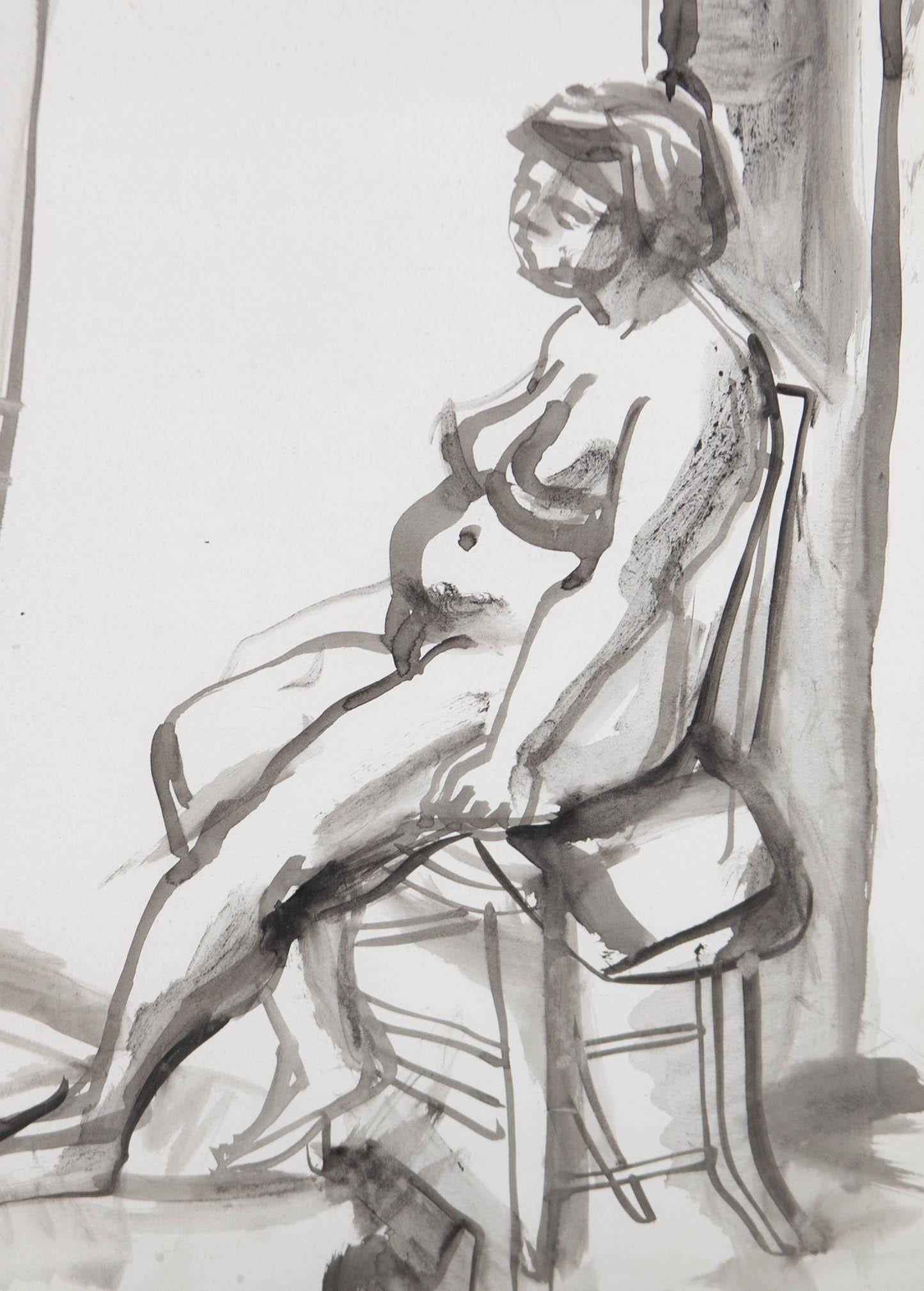 20th Century Ink Wash Drawing - Seated Nude Figure - Gray Portrait by Unknown