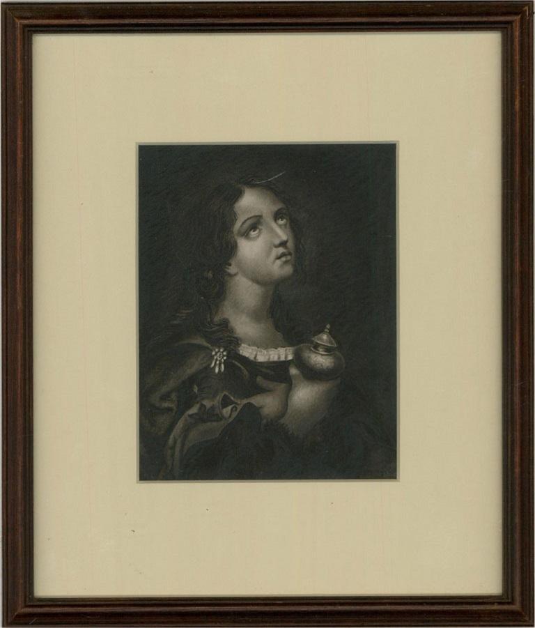 A fine watercolour and gum arabic painting en grisaille after Carlo Dolci's (1616-1686) 'Mary Magdalene' (1660s). The original was once at the Uffizi, Florence and was then placed in the Palazzo Pitti during the rearrangement of 1928. Mary Magdalene
