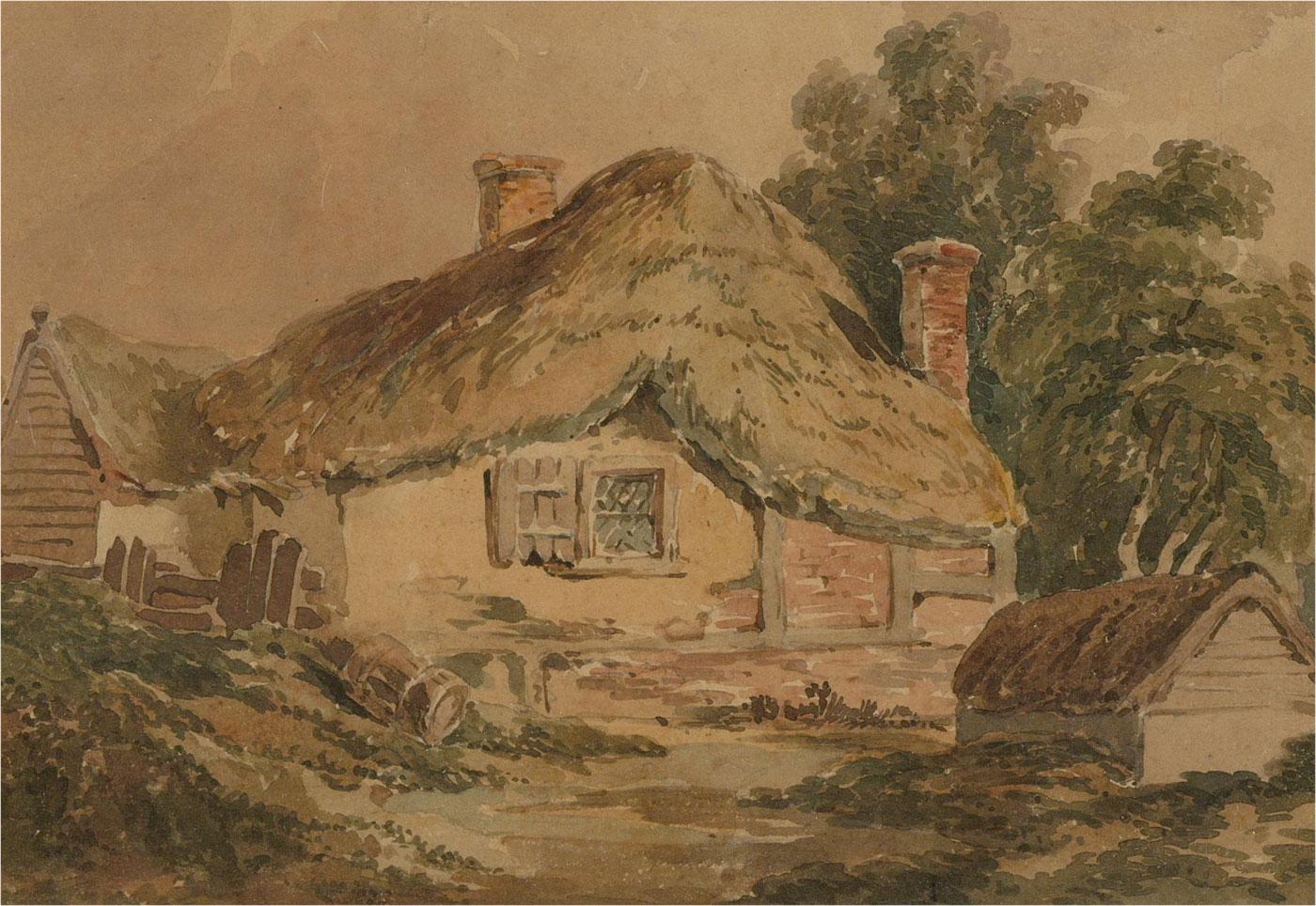 A painting of a historic thatched cottage by the prominent English landscape painter David Cox Snr. Presented glazed in a white mount with a gold window and a distressed gilt frame. Signed to the lower-right edge. On wove.
