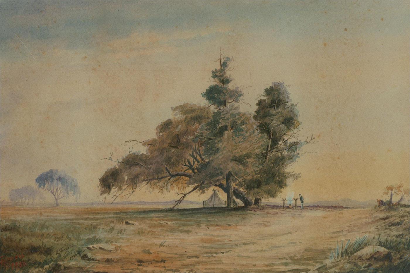 L. Travers - 1888 Aquarell, Lagerfeuer, Zeichnung im Angebot 1