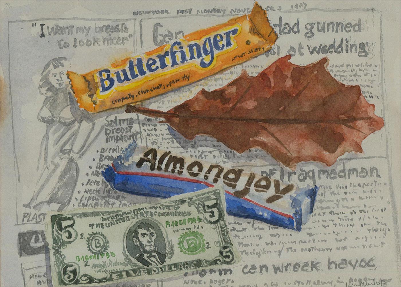 An unusual and eye catching still life showing candy bars, a $5 bill and brown leaf, lying on a newspaper filled with disturbing and saddening slogans and headlines. The artist has signed to the lower right corner and the painting has been presented