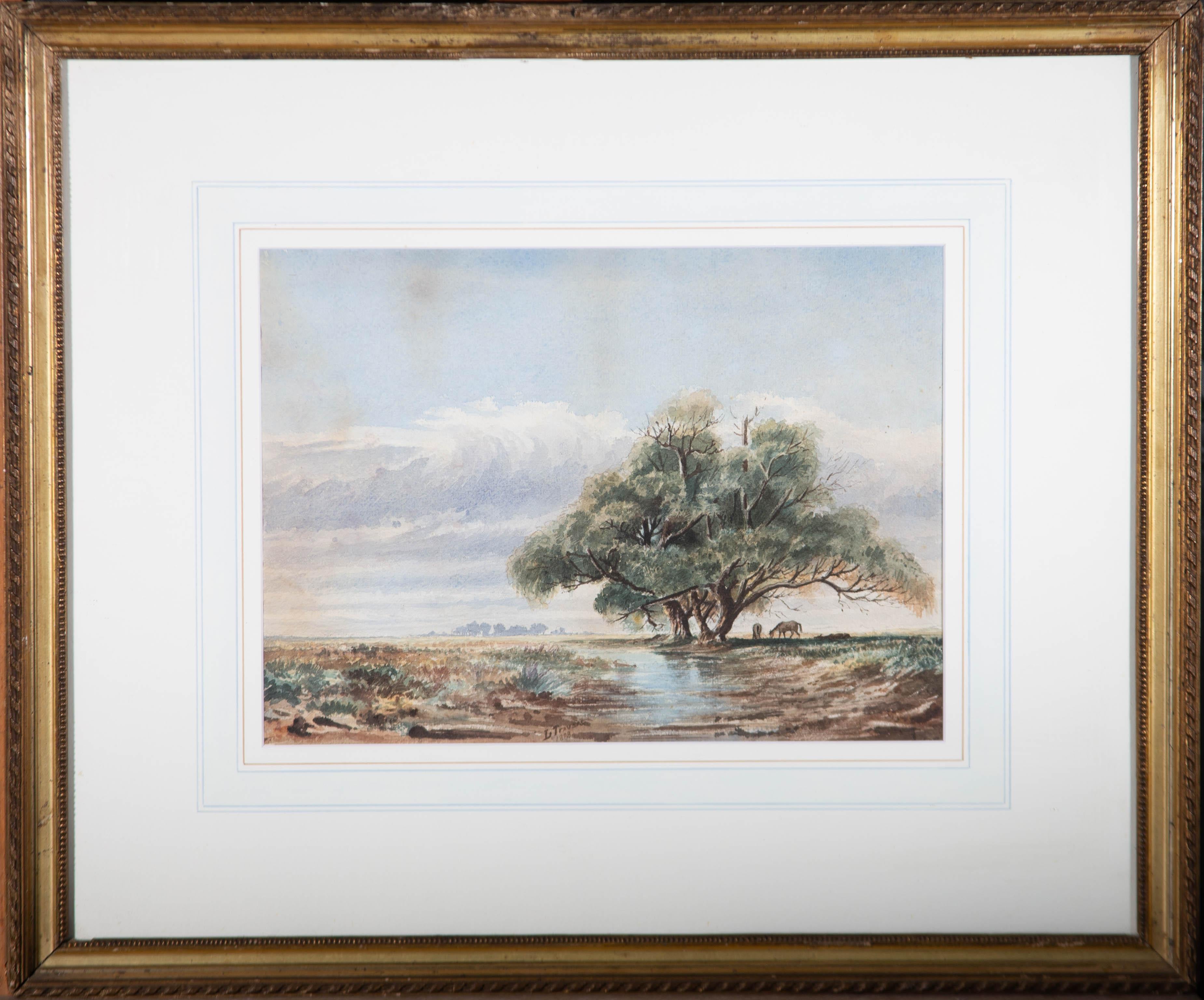 An accomplished watercolour painting by L. Travers, depicting a landscape scene with horses under a tree by a stream of water. Signed and dated to the lower margin. Well-presented in a wash line card mount and in an ornate gilt effect frame. On