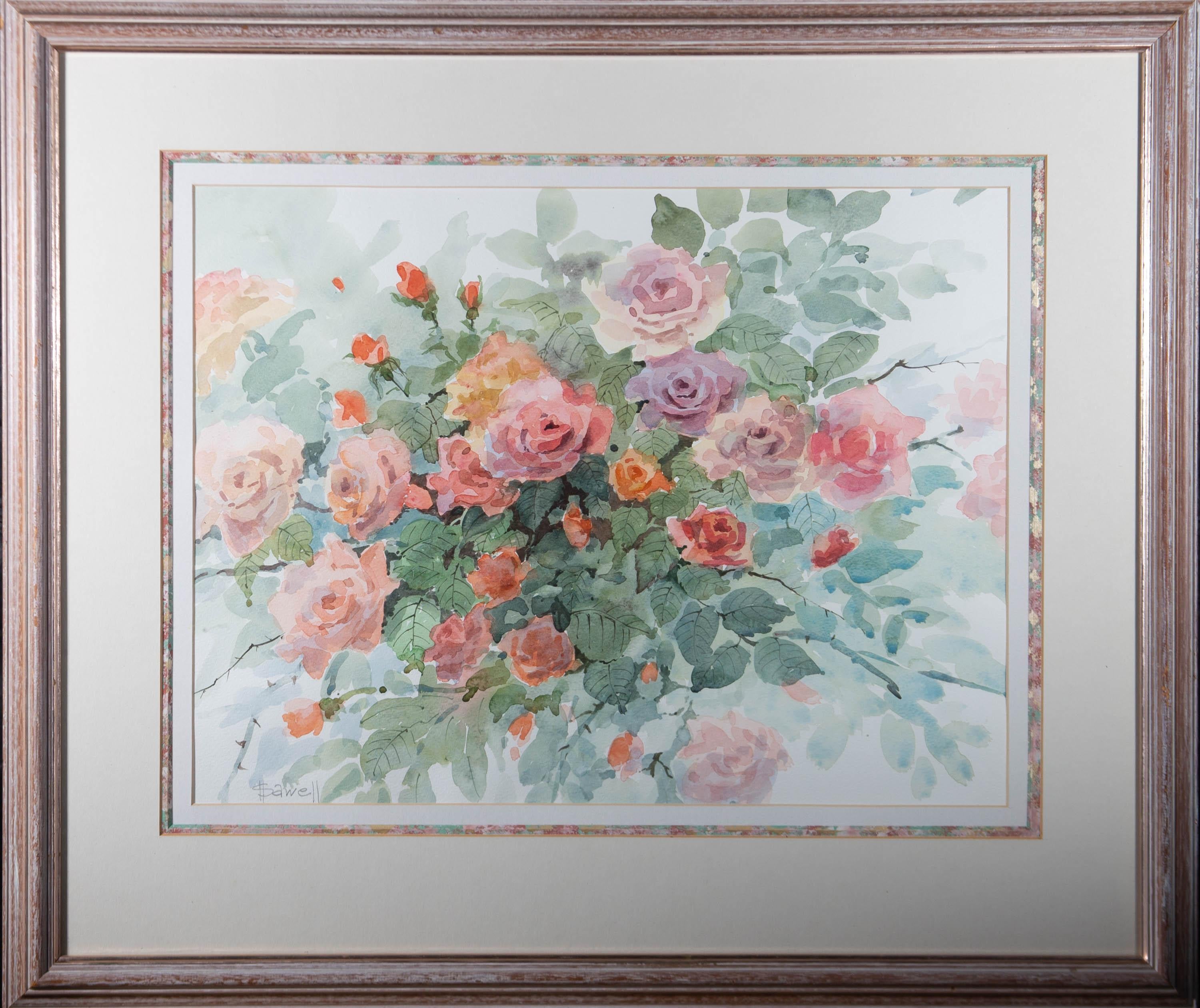 A charming watercolour painting by the artist Shirley Harrell, depicting a still life of roses. Signed to the lower left-hand corner. There is an artist's biography attached on the revere. Well-presented in a triple mount and in a limed wooden