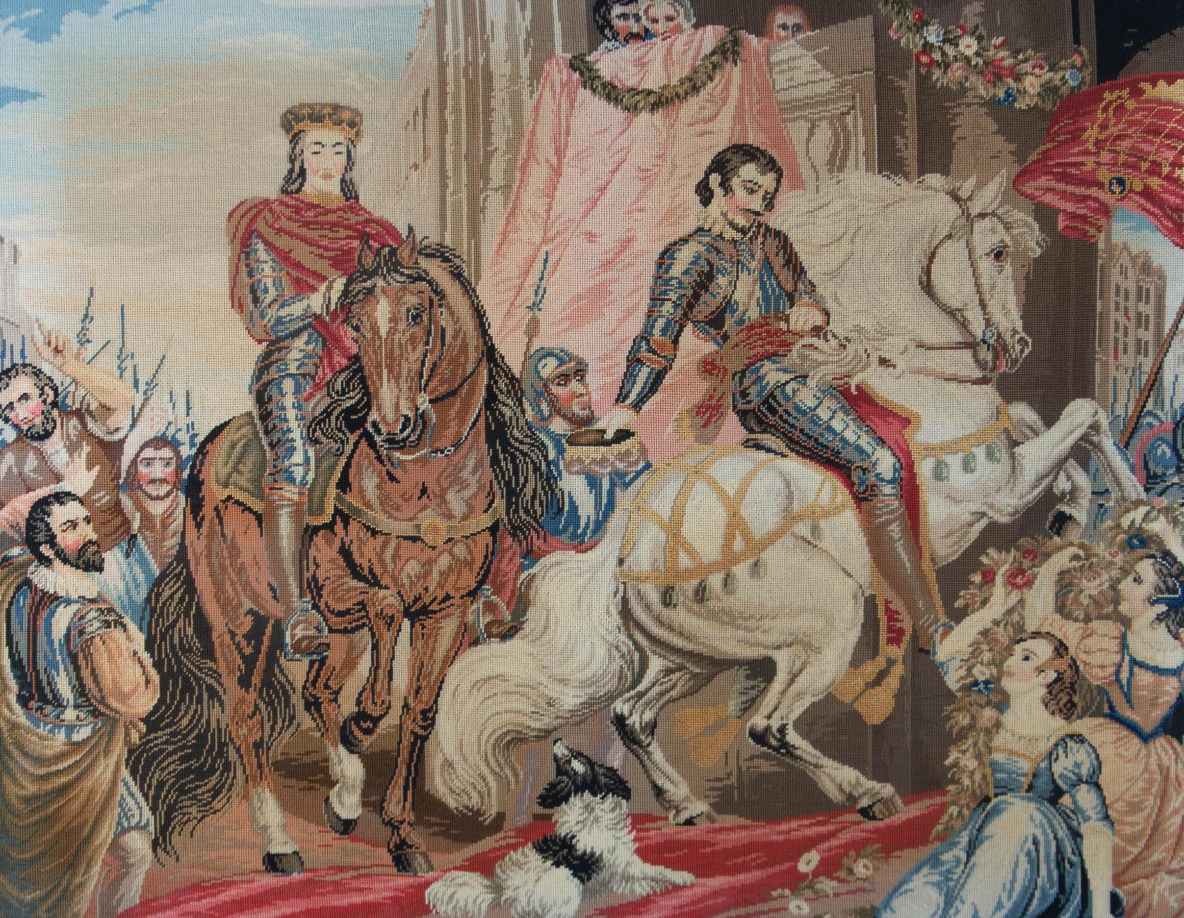 A large needlepoint scene in wool with gold silk thread depicting two chevaliers returning from battle, likely after an original tapestry or painting, dating to the late-19th or early-20th century. Presented glazed in an oak frame.
