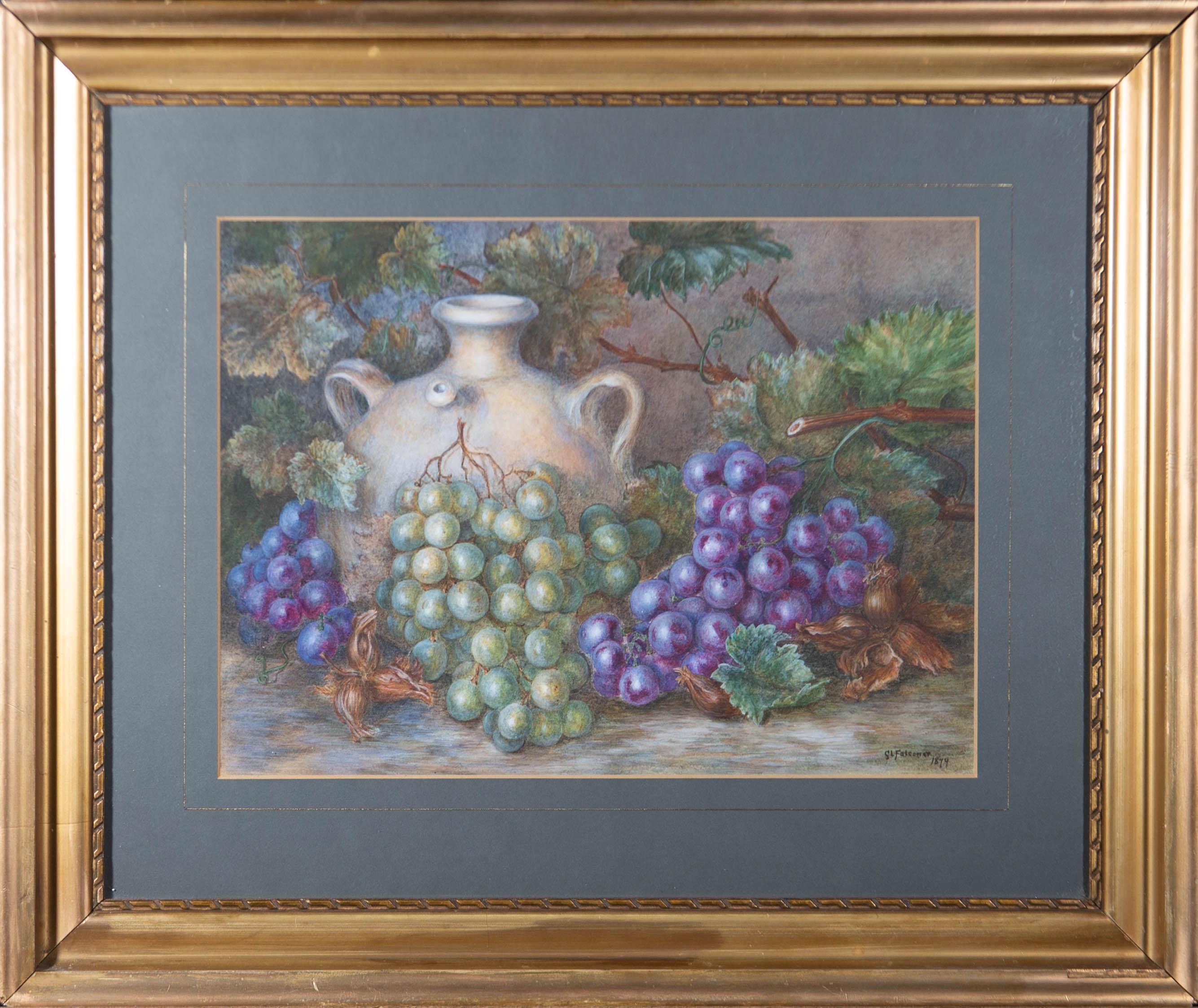 A still life depicting vines and grapes beside an urn. Well-presented glazed in a blue card mount with a gilt-effect border and a gilt-effect wooden frame. Signed and dated to the lower-right edge. On wove.
