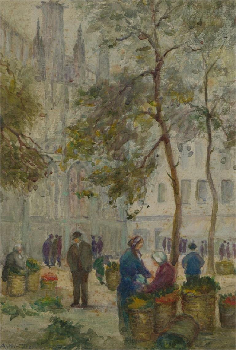 Arthur Gibson - Early 20th Century Watercolour, Market in a Church Courtyard For Sale 1