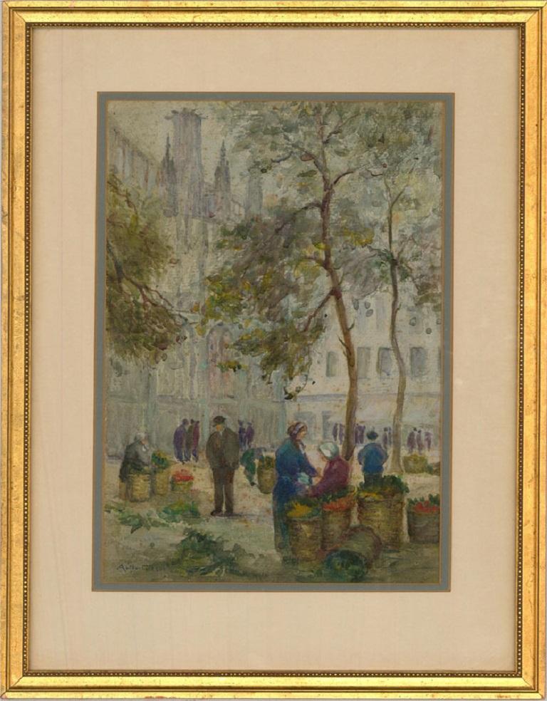Arthur Gibson - Early 20th Century Watercolour, Market in a Church Courtyard For Sale 3
